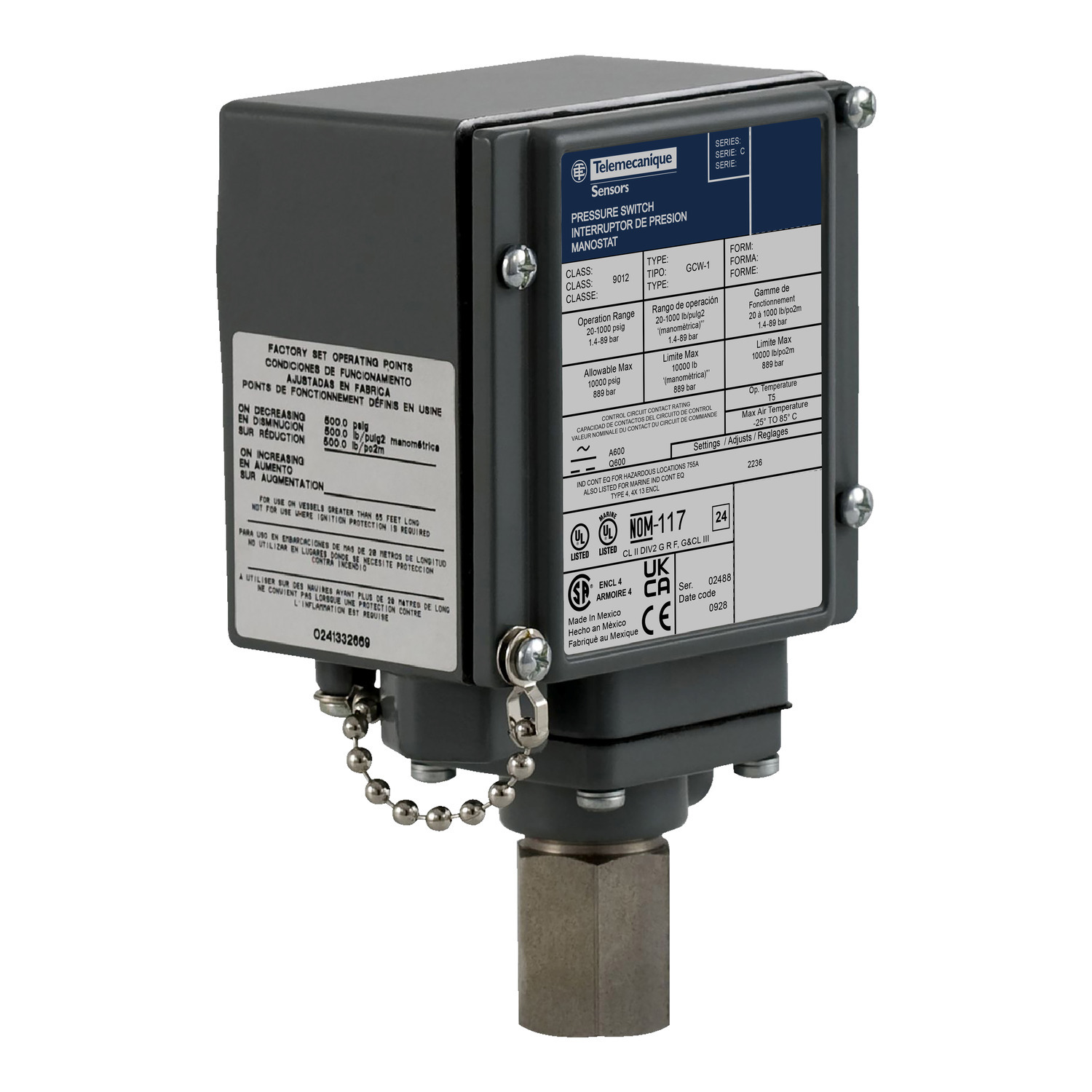 9012GCW2 Electromechanical Pressure Switch, 90 to 2900 psi Pressure, 170 to 560 psi Differential, 1NO-1NC Contact, NPT Conduit/Screw Clamp Connection, 6 A at 120 V AC/0.27 A at 250 V DC Contact