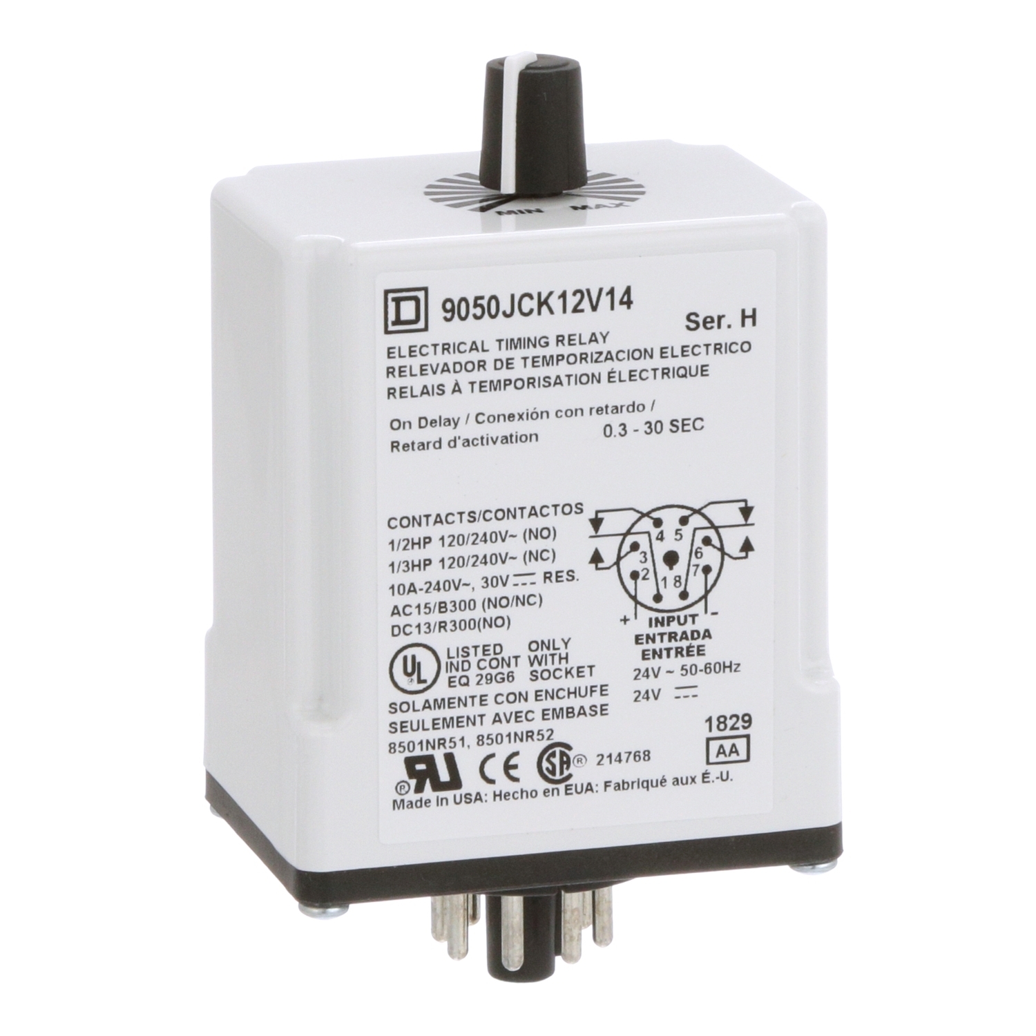 9050JCK12V14 Type JCK Class 9050 Electronic Adjustable Time Timing Relay, 0.3 to 30 s Setting, 240 V AC, 8 Pin, 2NO-2NC 2 Form C DPDT Contact
