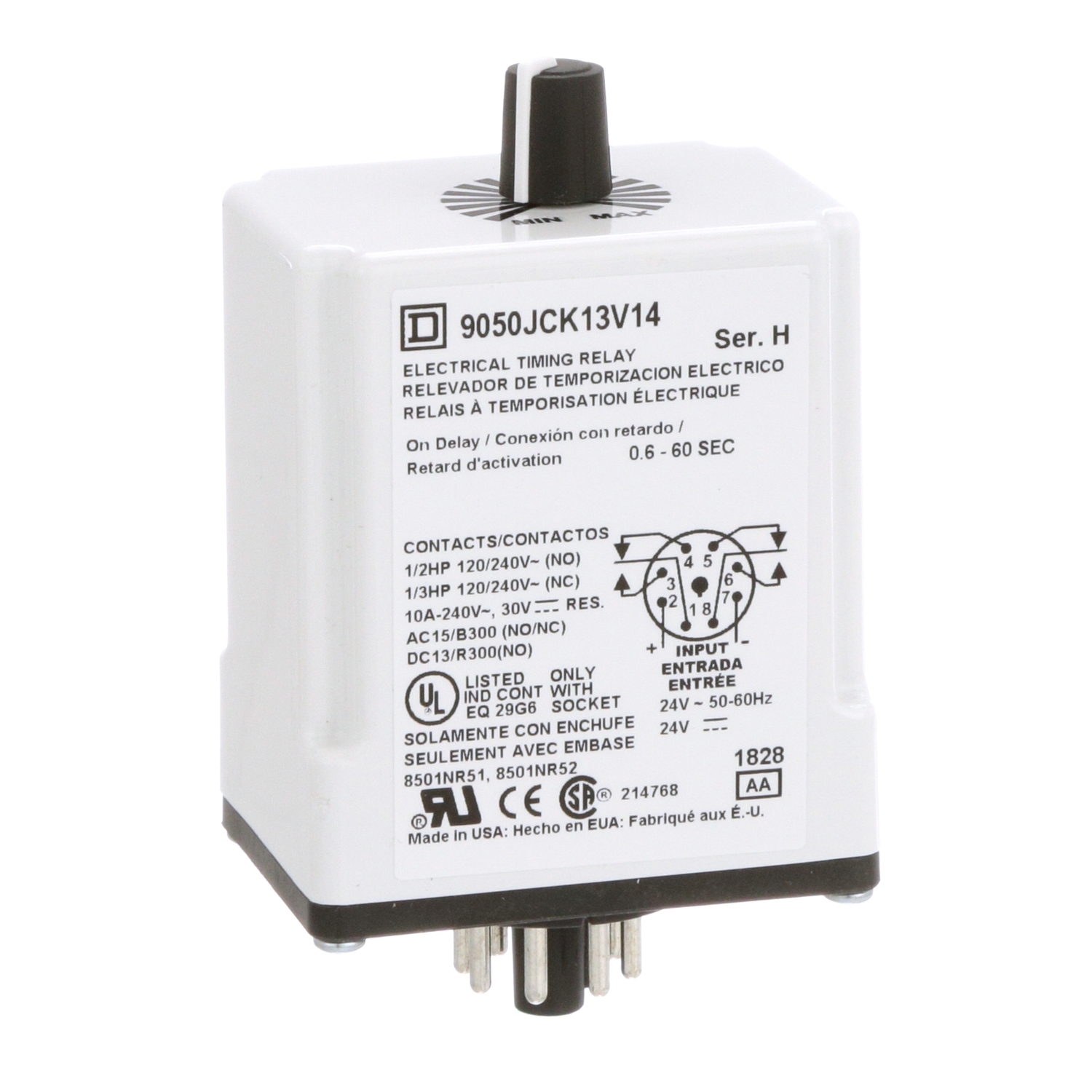 9050JCK13V14 9050CJK Type JCK Timer Relay, 0.6 to 60 s Setting, 240 V AC, 8 Pin, 2NO-2NC 2 Form C DPDT Contact