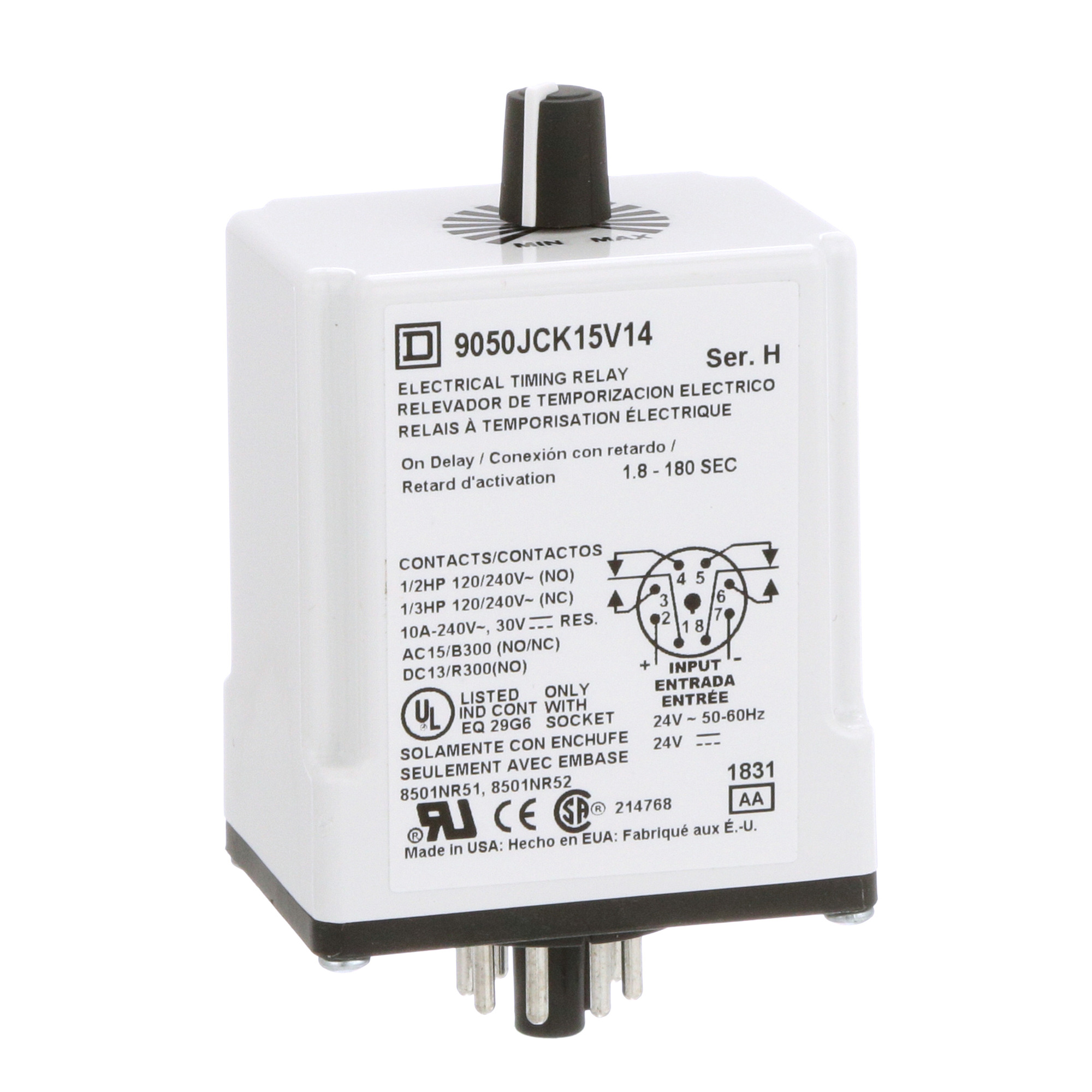 9050JCK15V14 9050CJK Type JCK Timer Relay, 1.8 to 180 s Setting, 240 V AC, 8 Pin, 2NO-2NC 2 Form C DPDT Contact