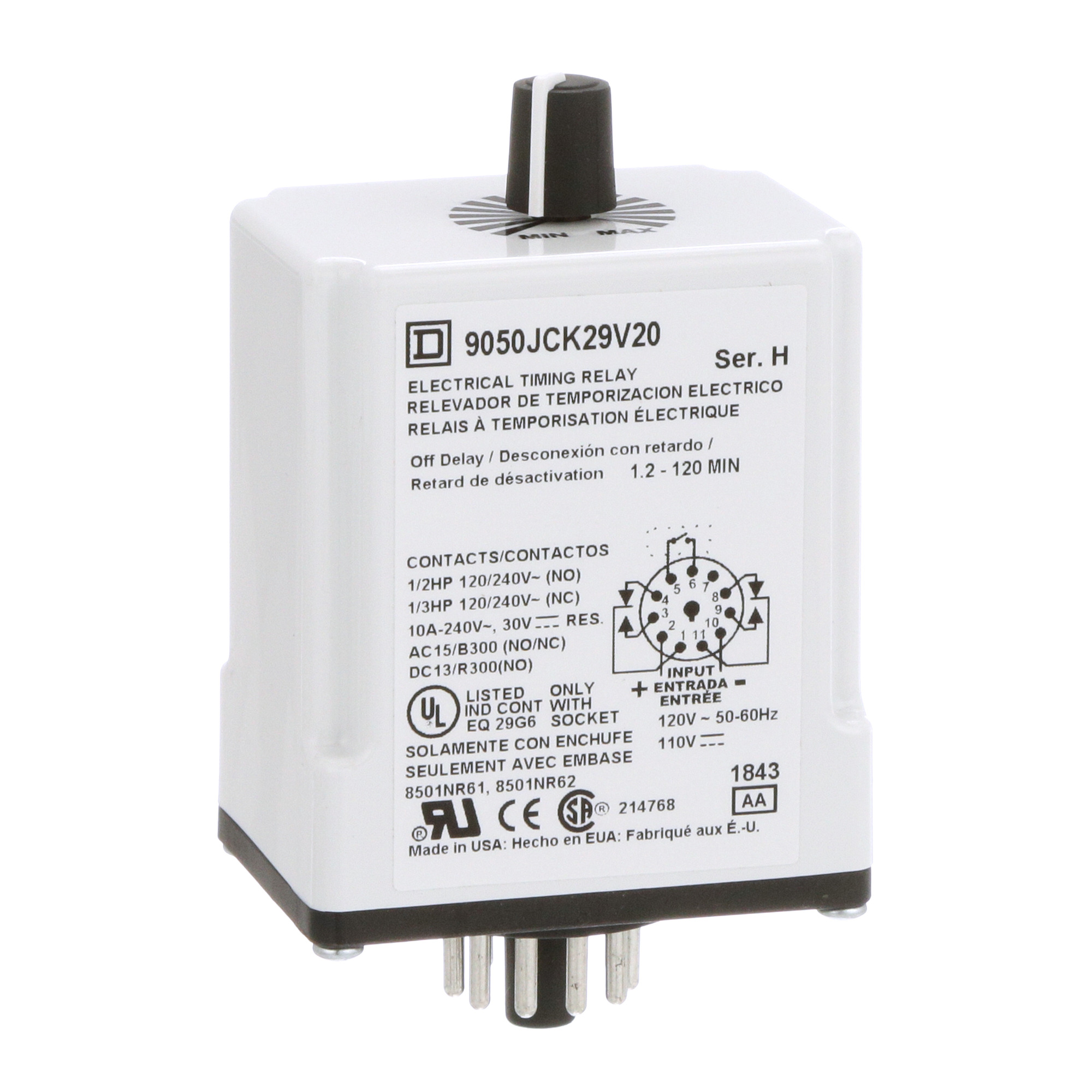 9050JCK29V20 Type JCK Class 9050 Electronic Adjustable Time Timing Relay, 1.2 to 120 min Setting, 240 V AC, 11 Pin, 2NO-2NC 2 Form C DPDT Contact