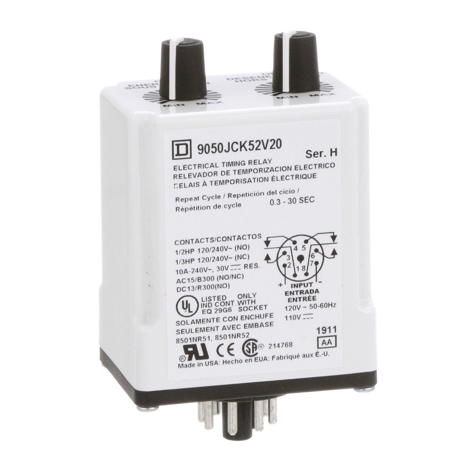 9050JCK52V20 Type JCK Class 9050 Electronic Timing Relay, 0.3 to 30 s Setting, 240 V AC, 8 Pin, 2NO-2NC 2 Form C DPDT Contact