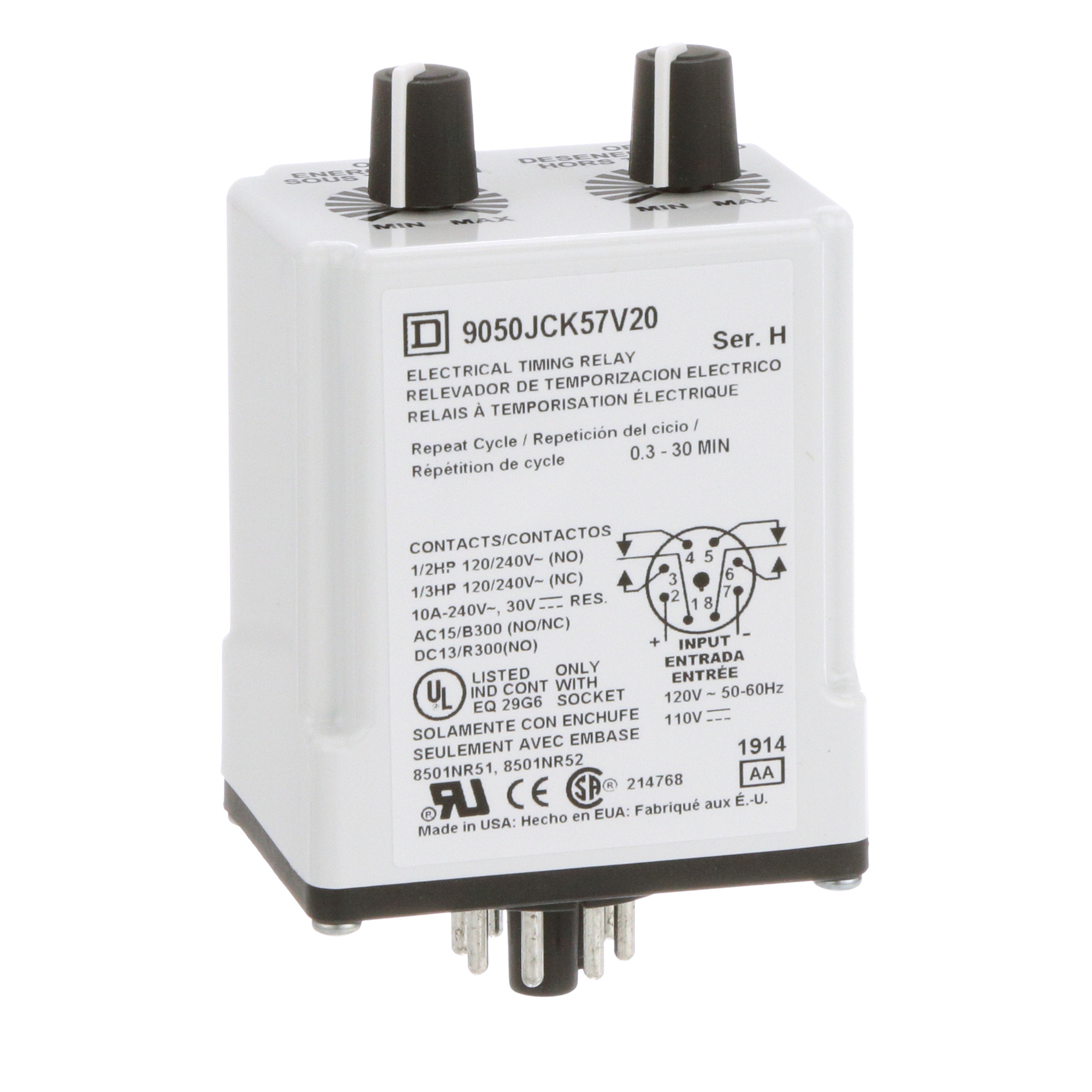 9050JCK57V20 Type JCK Adjustable Time Timer Relay, 0.3 to 30 min Setting, 240 V AC, 8 Pin, 2NO-2NC 2 Form C DPDT Contact