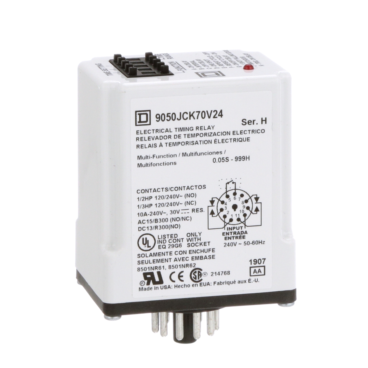 9050JCK70V24 Type JCK Class 9050 Electronic Timing Relay, 1 to 999 min Setting, 240 V AC, 11 Pin, 2NO-2NC 2 Form C DPDT Contact
