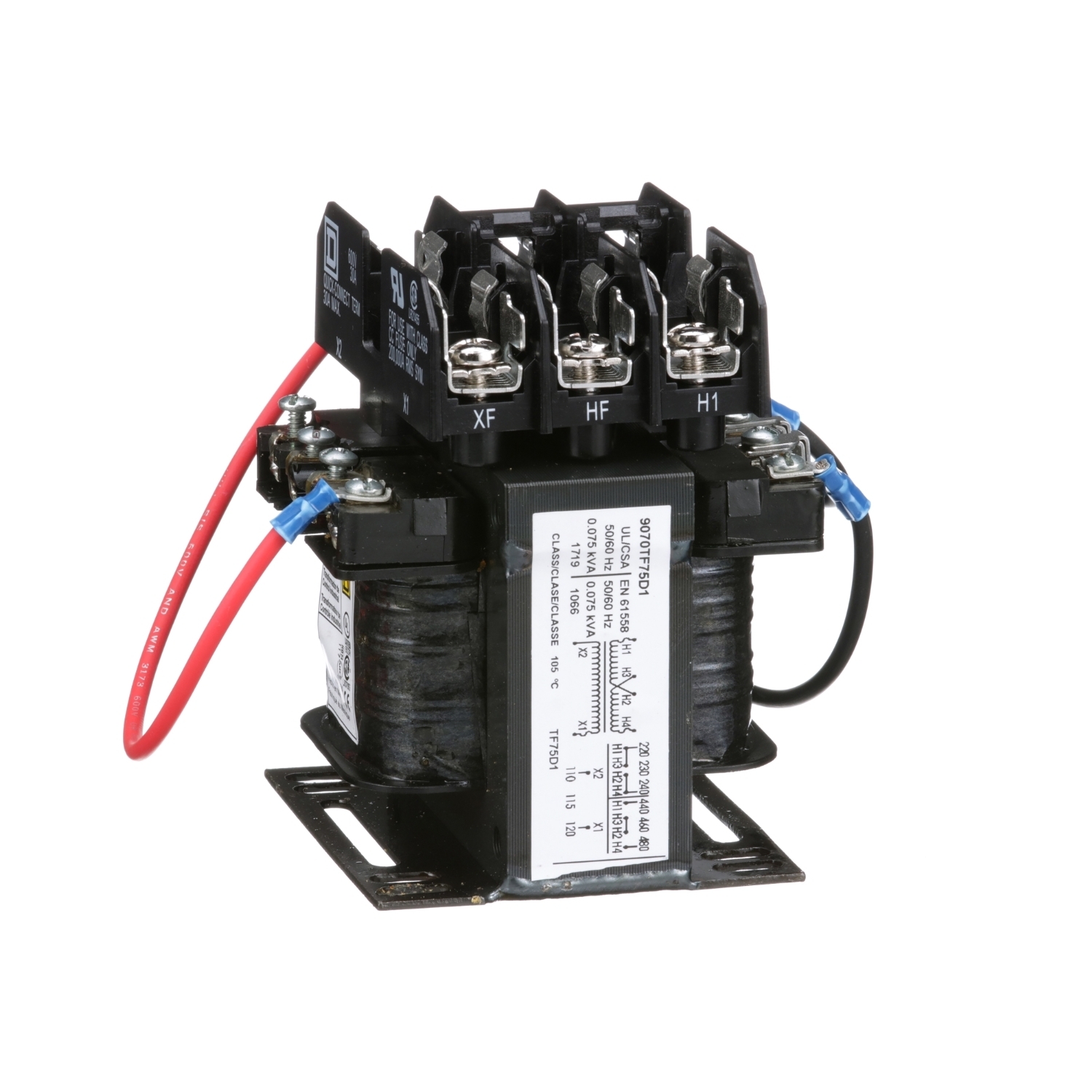 9070TF75D1 Type TF Industrial Open Style Control Transformer, 240/480/230/460/220/440 V AC Primary, 110/115/120 VAC Secondary, 75 VA Power Rating, 50/60 Hz, 1 Phase