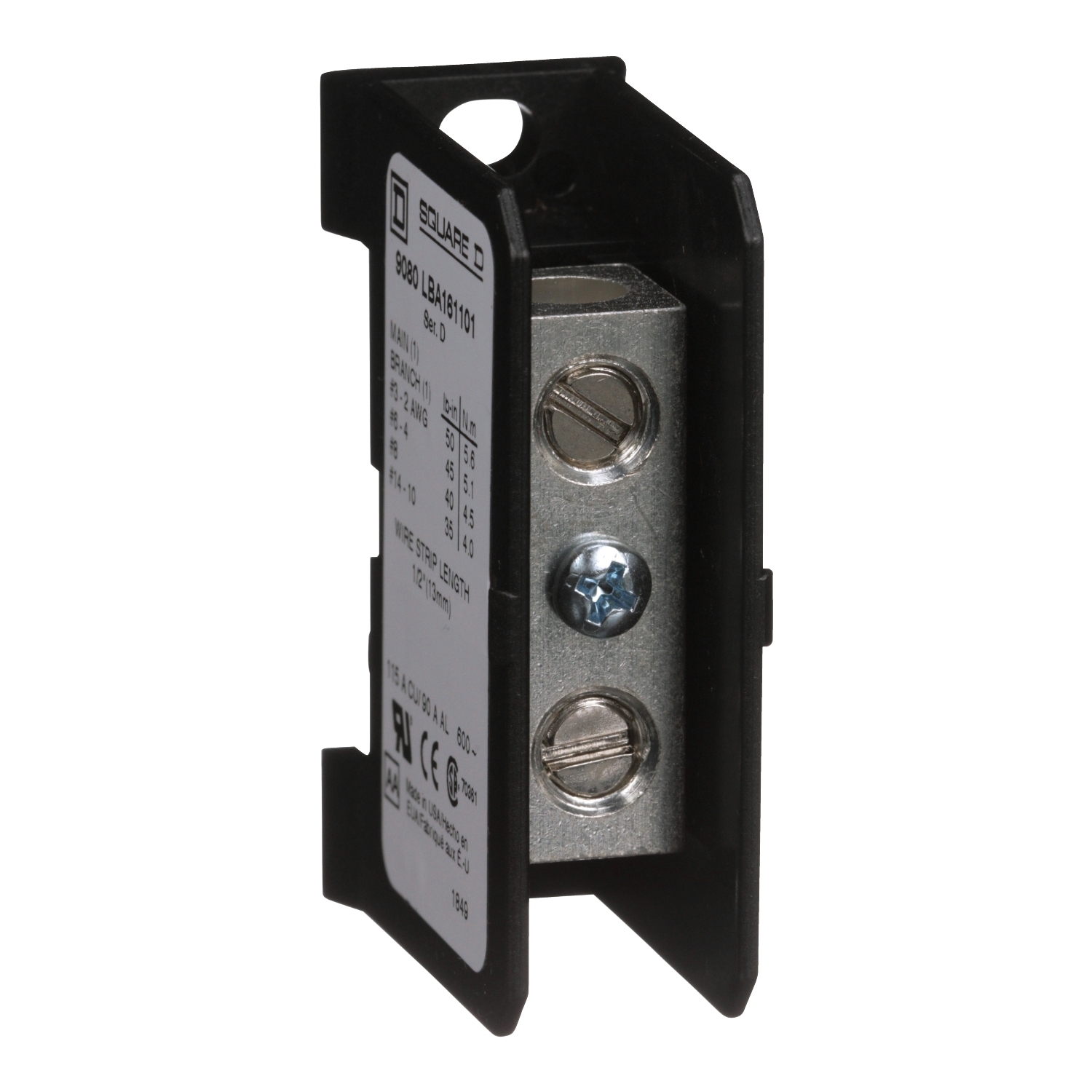 9080LBA161101 Linergy High Impact Miniature Power Distribution Block, 600 V AC/DC, 90/115 A, 1 Poles, (1) 14 to 2 AWG, (4) 14 to 2 AWG Wire, Thermoplastic