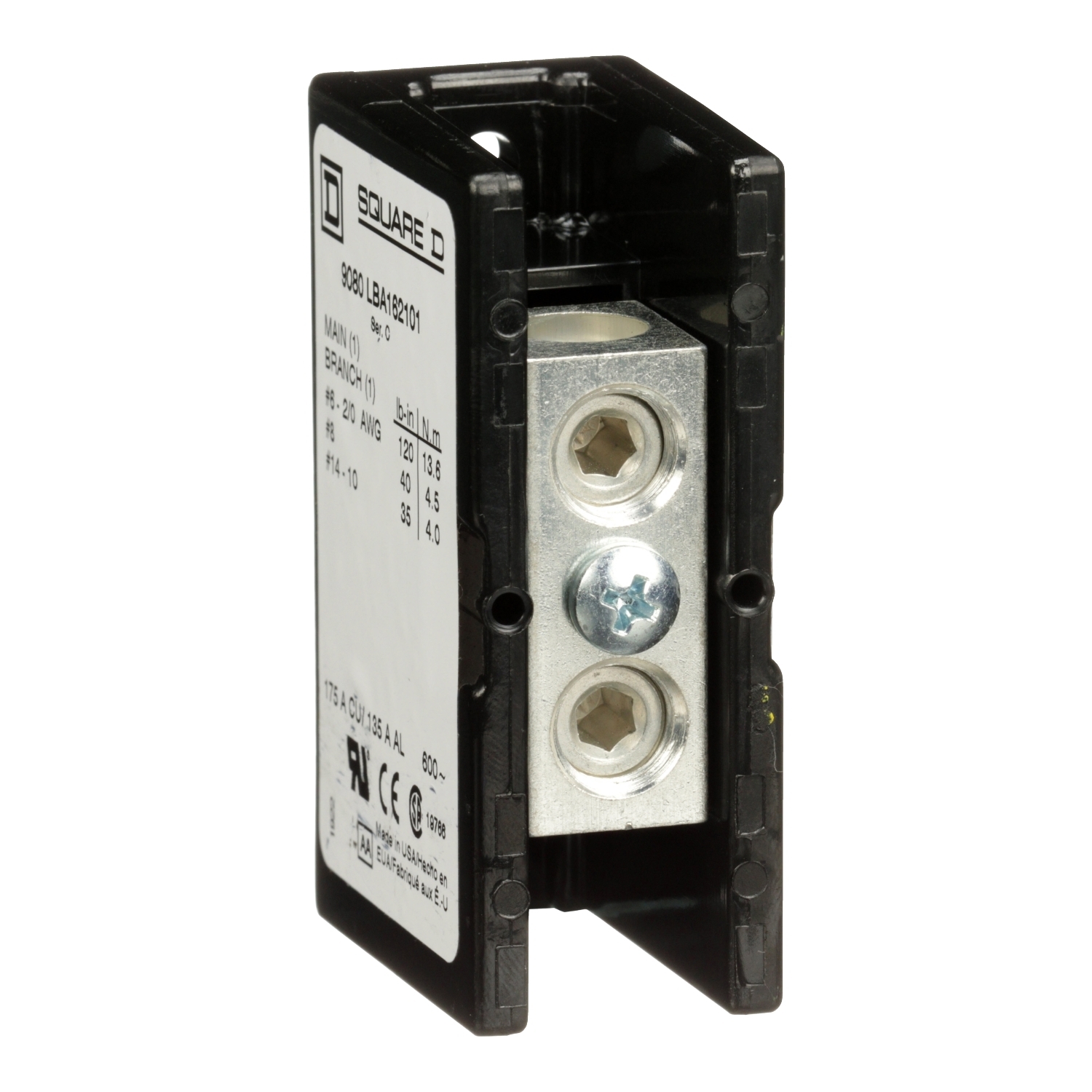 9080LBA162101 TeSys Linergy General Purpose Standard Power Distribution Block, 600 V AC/DC, 135/175 A, 1 Poles, 14 to 2/0 AWG Wire, Phenolic