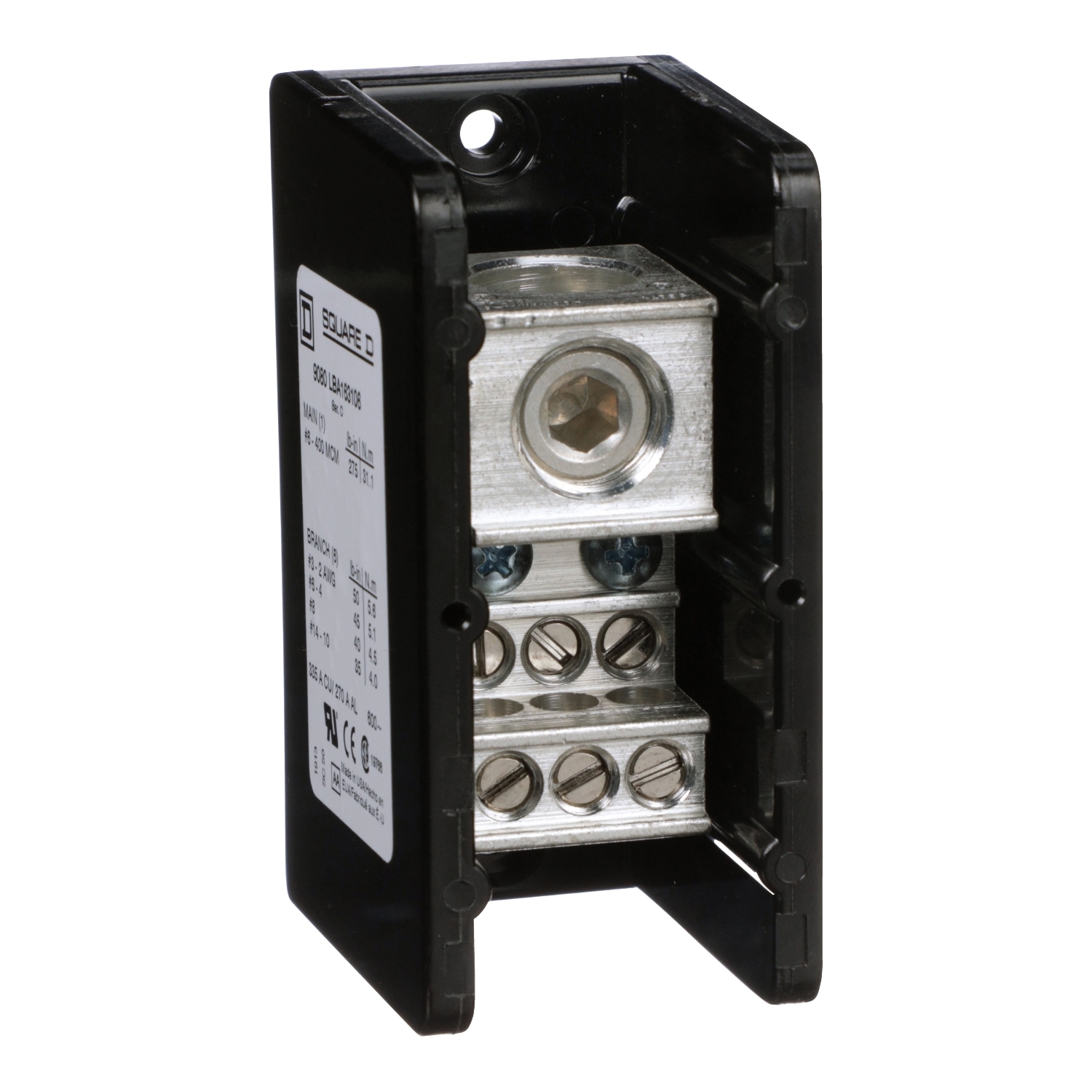 9080LBA163106 TeSys Linergy General Purpose Linergy Standard Power Distribution Block, 600 V AC/DC, 270/335 A, 1 Poles, (1) 6 AWG to 400 kcmil, (6) 14 to 2 AWG Wire, Phenolic