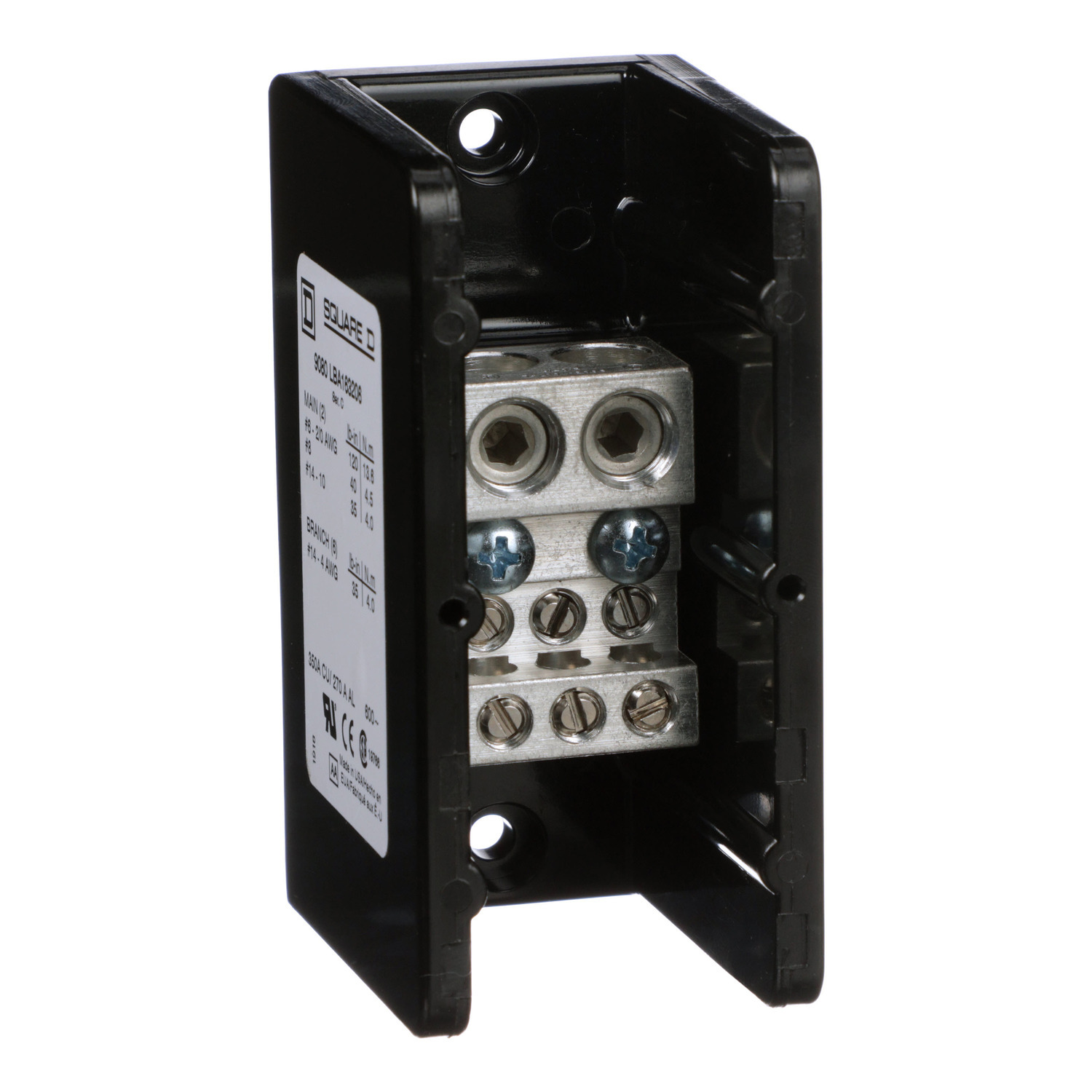 9080LBA163206 Linergy General Purpose Standard Power Distribution Block, 600 V AC/DC, 270/350 A, 1 Poles, (2) 14 to 2/0 AWG, (6) 14 to 4 AWG Wire, Phenolic