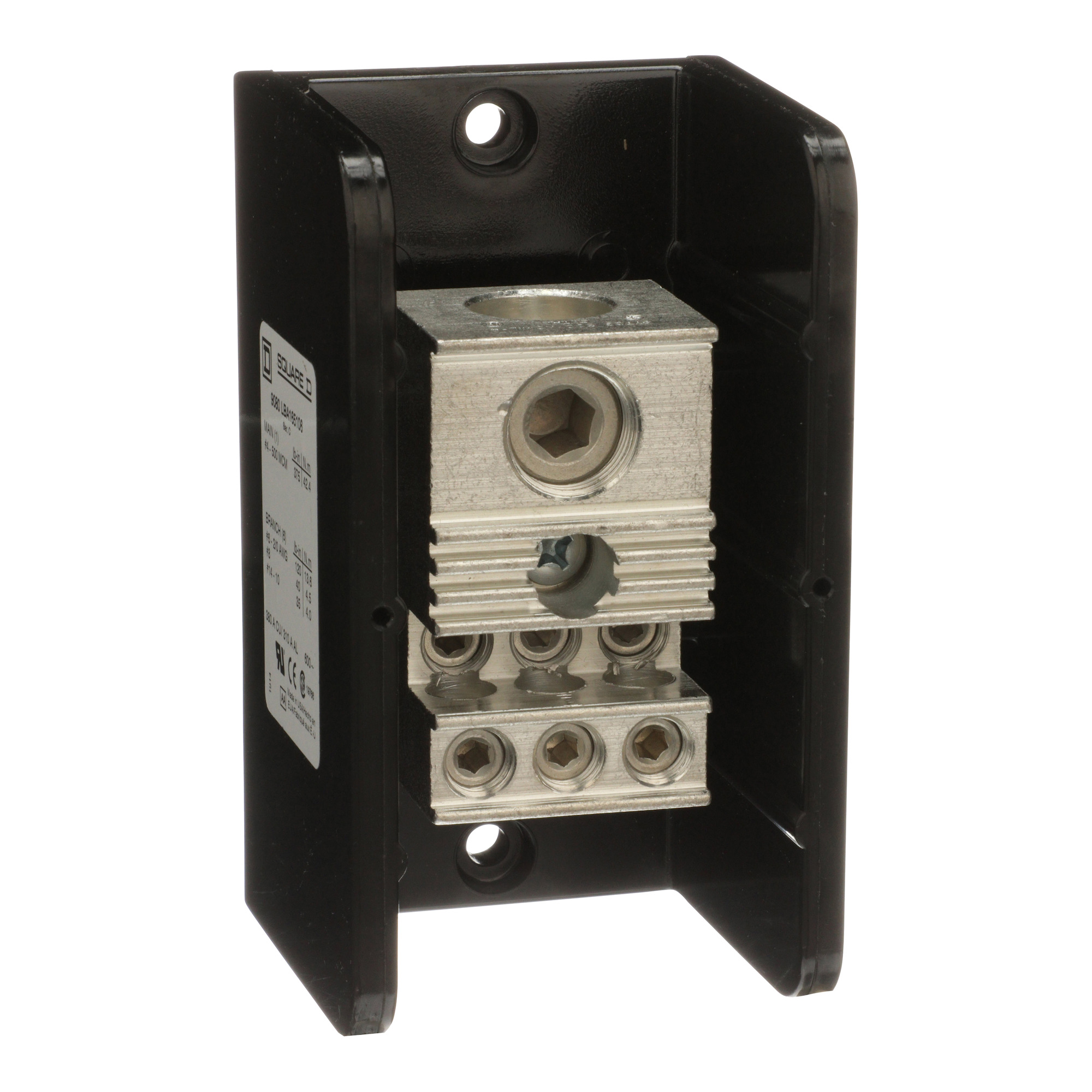 9080LBA165106 Linergy Power Distribution Block, 600 VAC/VDC, 310/380 A, 1 Poles, 14 to 2/0 AWG, 4 AWG to 500 kcmil Wire, Phenolic