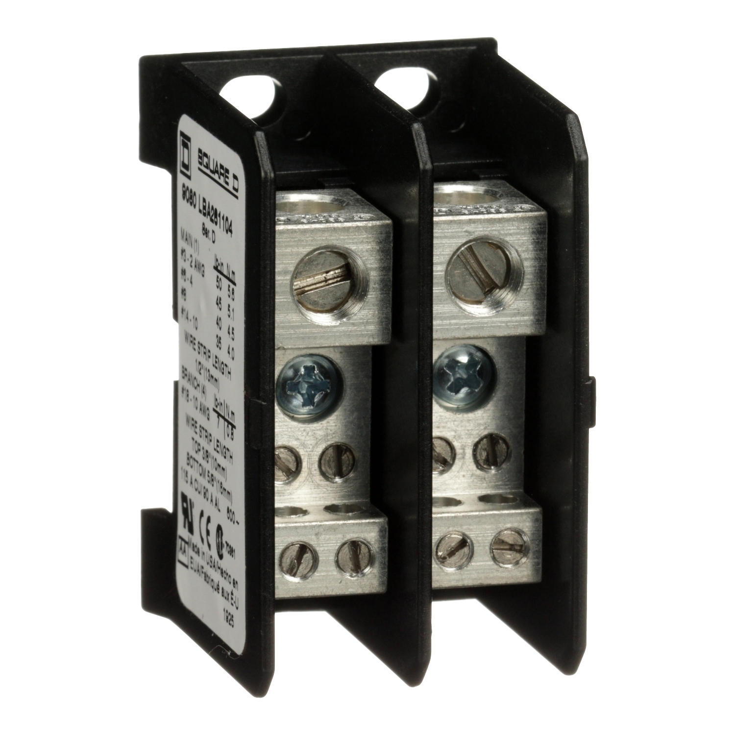 9080LBA261104 TeSys Linergy High Impact Linergy Miniature Multi-Pole Power Distribution Block, 600 V AC/DC, 90/115 A, 2 Poles, (1) 14 to 2 AWG, (4) 18 to 10 AWG Wire, Thermoplastic