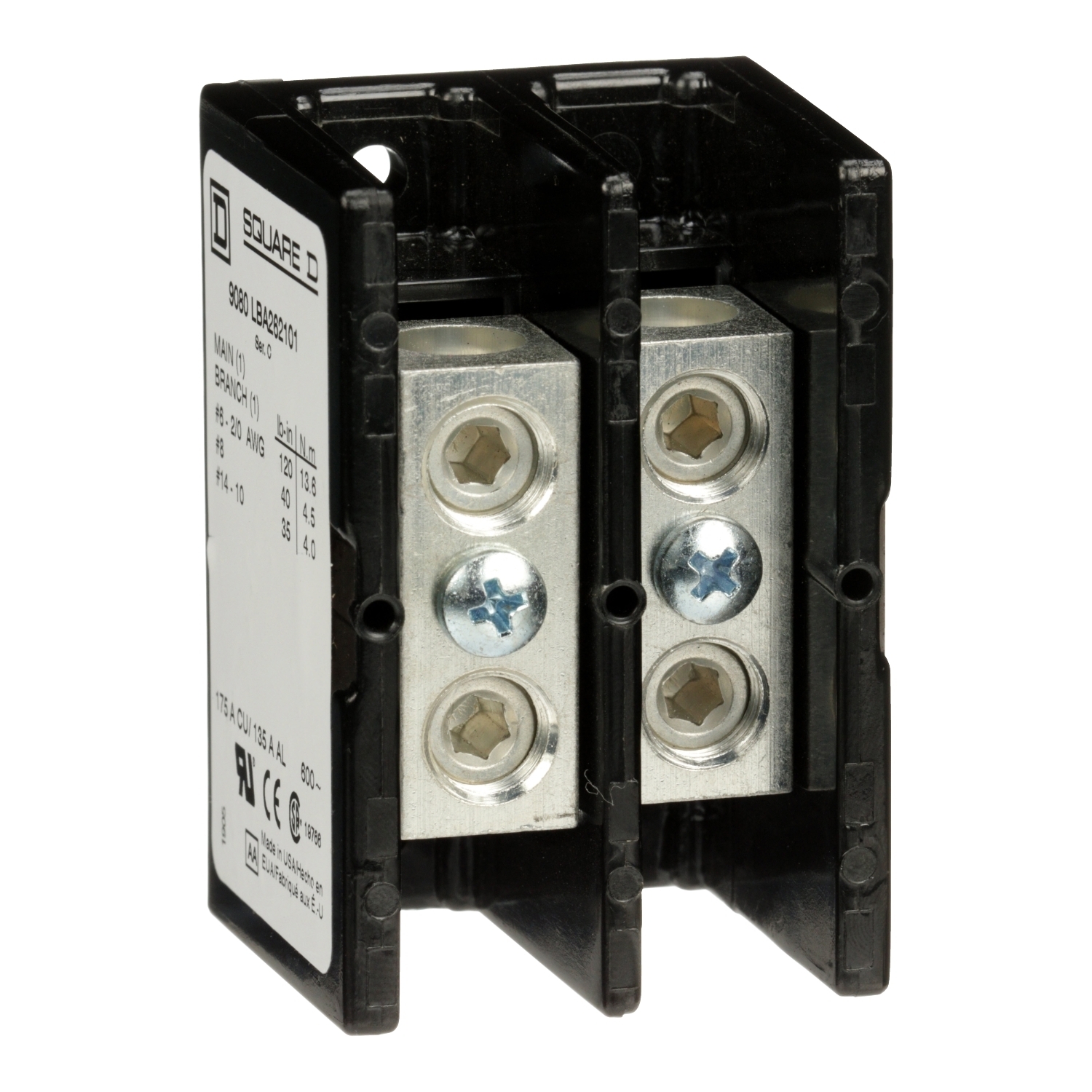 9080LBA262101 Linergy Standard Multi-Pole Power Distribution Block, 600 V AC/DC, 135/175 A, 2 Poles, 14 to 2/0 AWG Wire, Phenolic