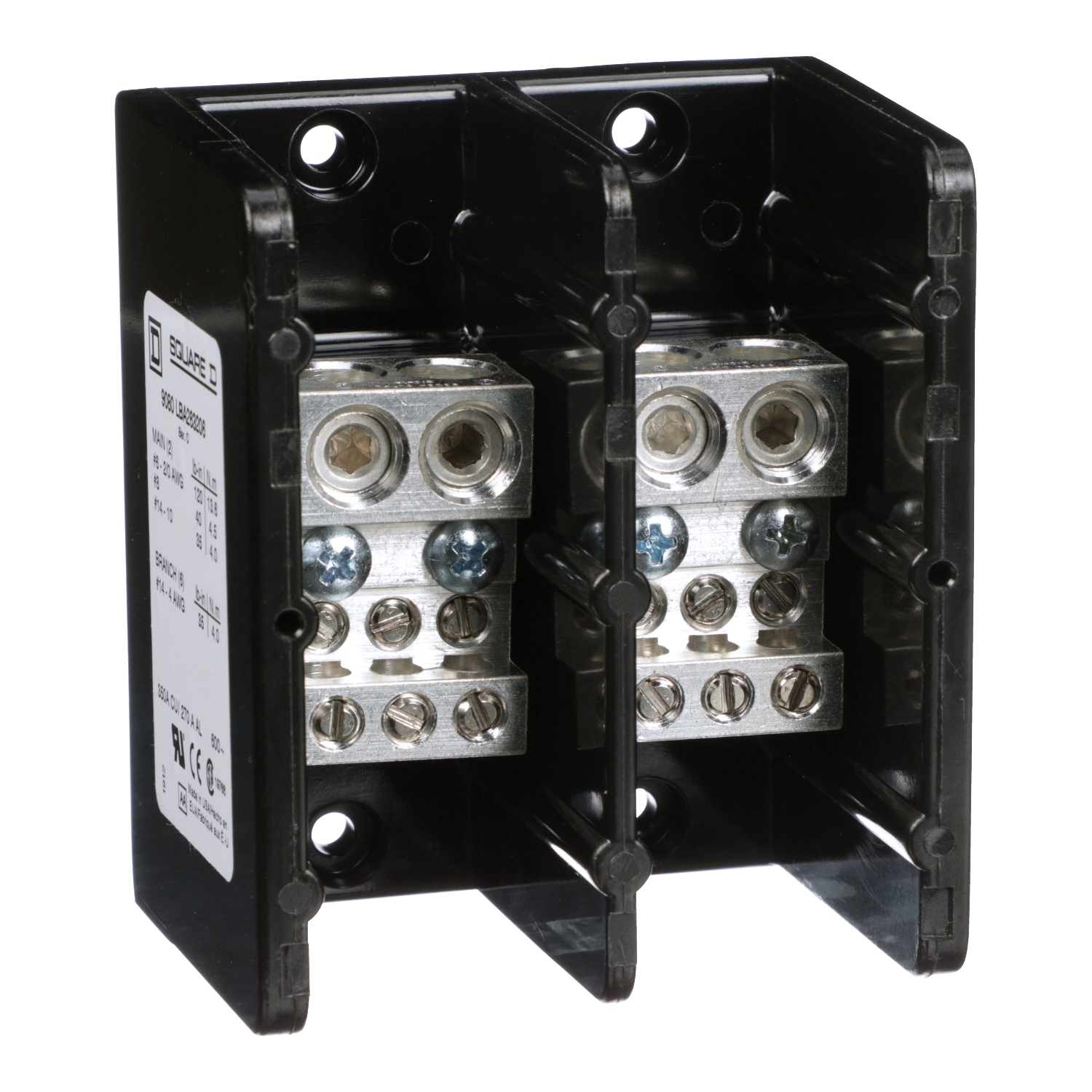 9080LBA263206 TeSys Linergy General Purpose Linergy Standard Multi-Pole Power Distribution Block, 600 V AC/DC, 270/350 A, 2 Poles, (2) 14 to 2/0 AWG, (6) 14 to 4 AWG Wire, Phenolic