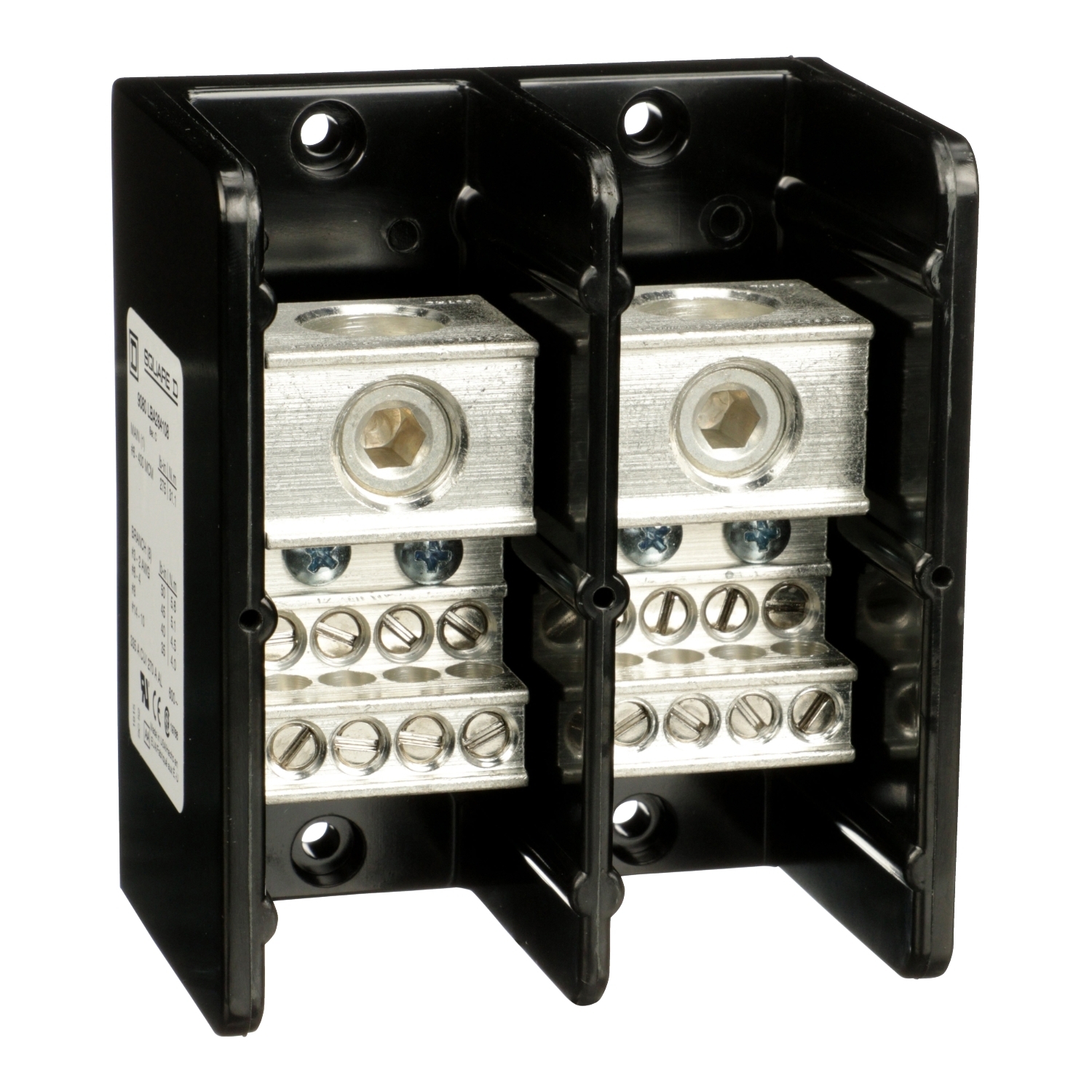 9080LBA264108 Linergy Multi-Pole Power Distribution Block, 600 V AC/DC, 270/335 A, 2 Poles, 14 to 2 AWG, 4 AWG to 600 kcmil Wire, Phenolic