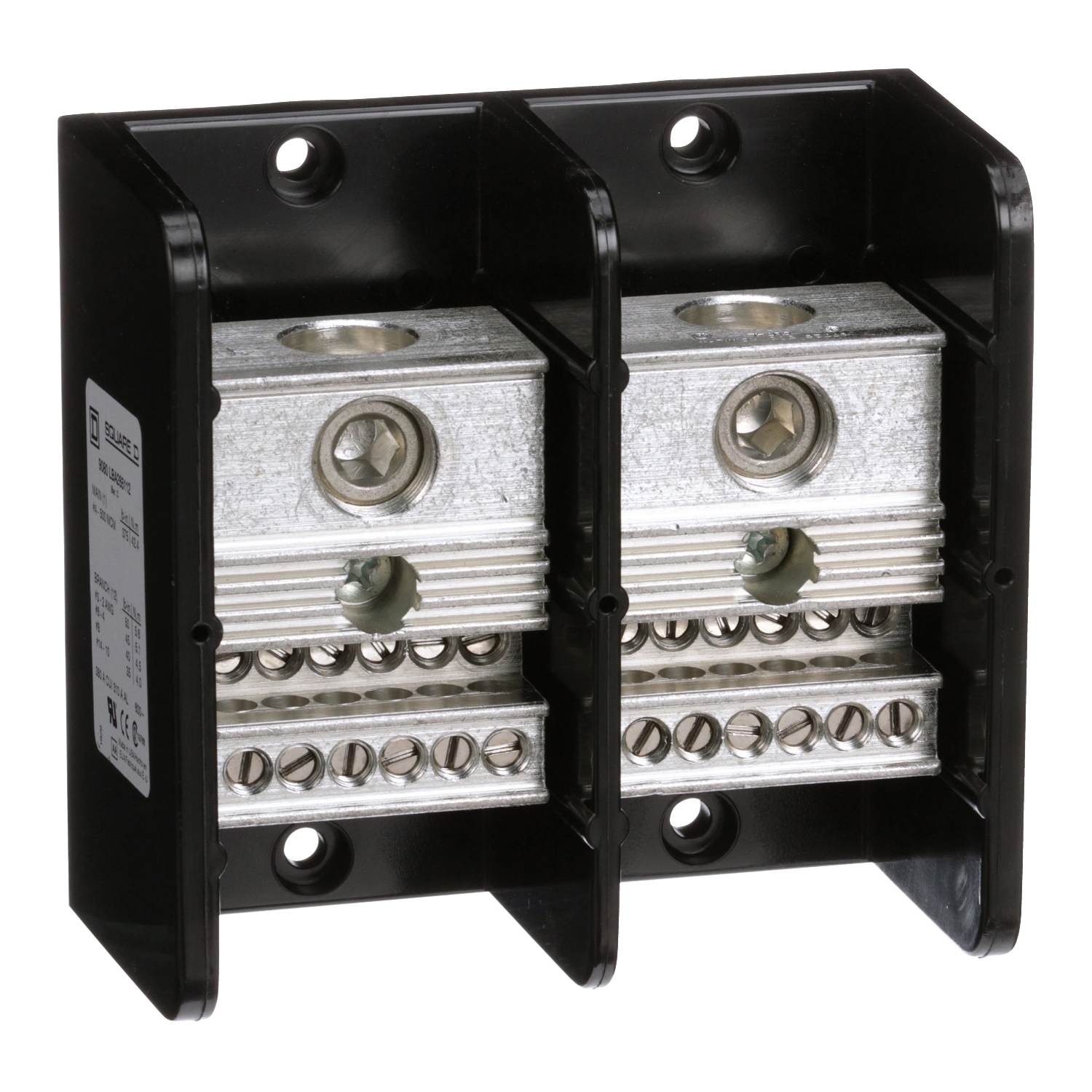 9080LBA265112 Linergy Multi-Pole Power Distribution Block, 600 V AC/DC, 310/380 A, 2 Poles, 14 to 2 AWG, 4 AWG to 500 kcmil Wire, Phenolic
