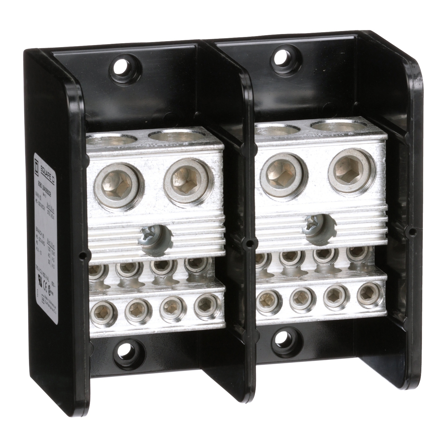 9080LBA265208 Standard Multi-Pole Distribution Block, 600 V AC/DC, 760/620 A, 2 Poles, 4 AWG to 500 kcmil, 14 to 2/0 AWG Al/Cu Wire, Phenolic