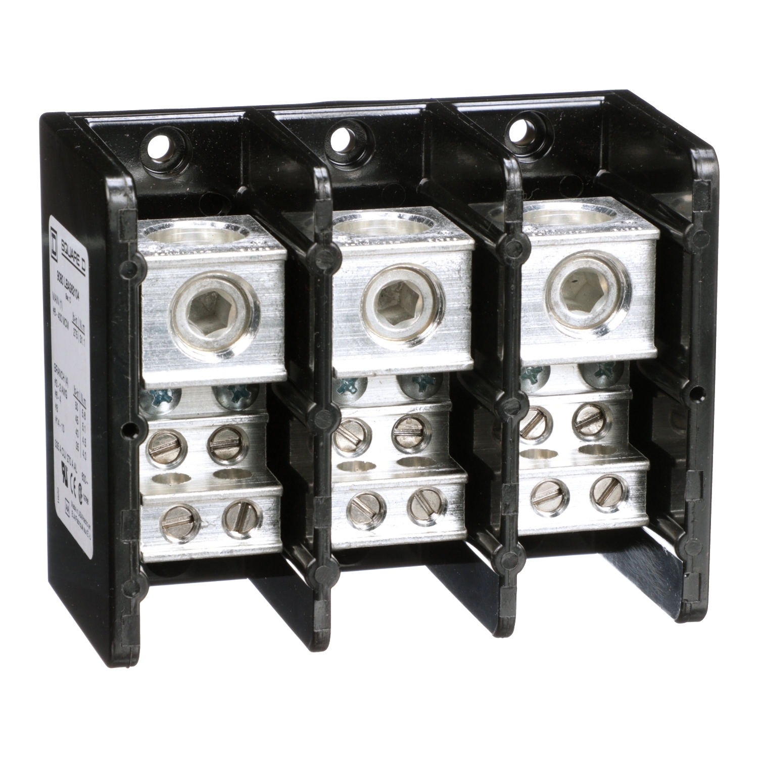 9080LBA363104 TeSys Linergy Linergy Standard Multi-Pole Power Distribution Block, 600 V AC/DC, 270/335 A, 3 Poles, 6 AWG to 400 kcmil, 14 to 2 AWG Wire, Phenolic