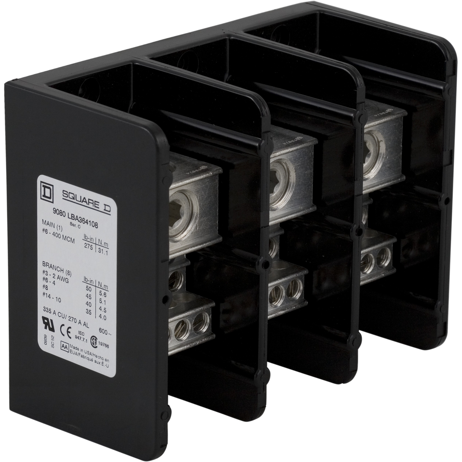 9080LBA364108 TeSys Linergy General Purpose Linergy Standard Multi-Pole Power Distribution Block, 600 V AC/DC, 270/335 A, 3 Poles, (1) 4 AWG to 600 kcmil, (8) 14 to 2 AWG Wire, Phenolic