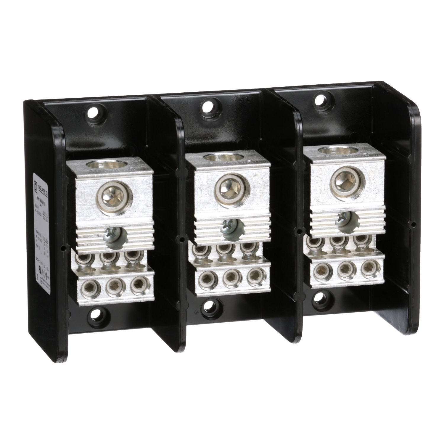 9080LBA365106 Linergy Multi-Pole Power Distribution Block, 600 V AC/DC, 310/380 A, 3 Poles, 14 to 2/0 AWG, 4 AWG to 500 kcmil Wire, Phenolic