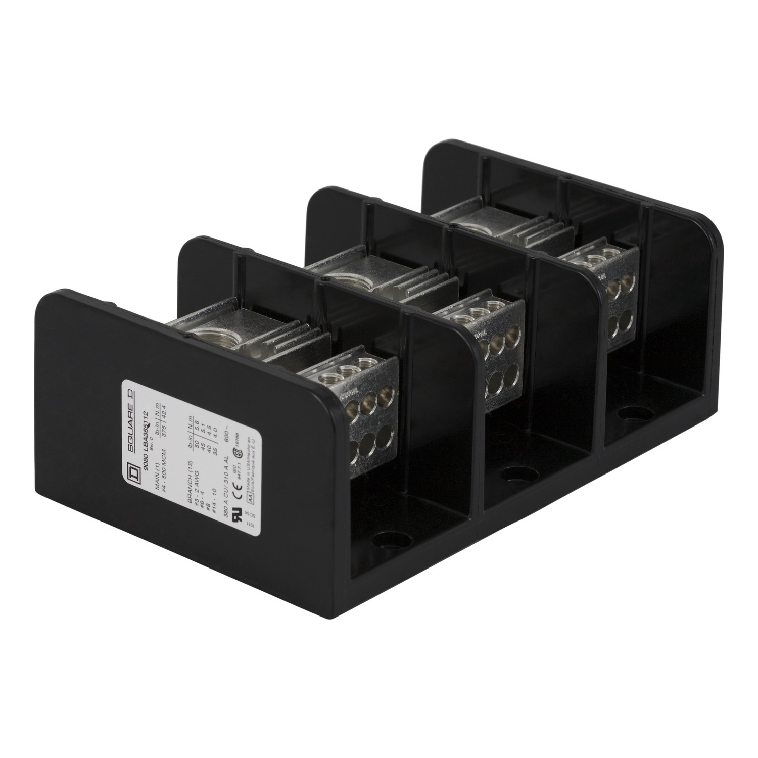 9080LBA365112 TeSys Linergy Linergy Standard Multi-Pole Power Distribution Block, 600 V AC/DC, 310/380 A, 3 Poles, 4 AWG to 500 kcmil, 14 to 2 AWG Wire, Phenolic