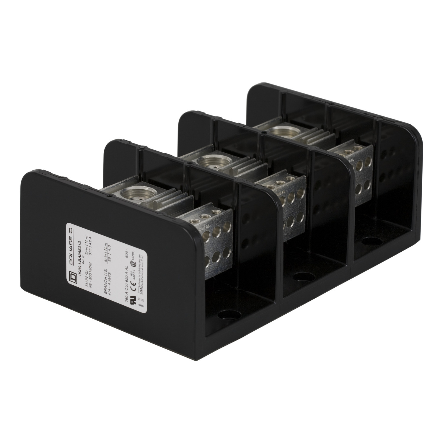 9080LBA365212 TeSys Linergy General Purpose Linergy Standard Multi-Pole Power Distribution Block, 600 V AC/DC, 620/760 A, 3 Poles, (2) 4 AWG to 500 kcmil, (12) 14 to 4 AWG Wire, Phenolic