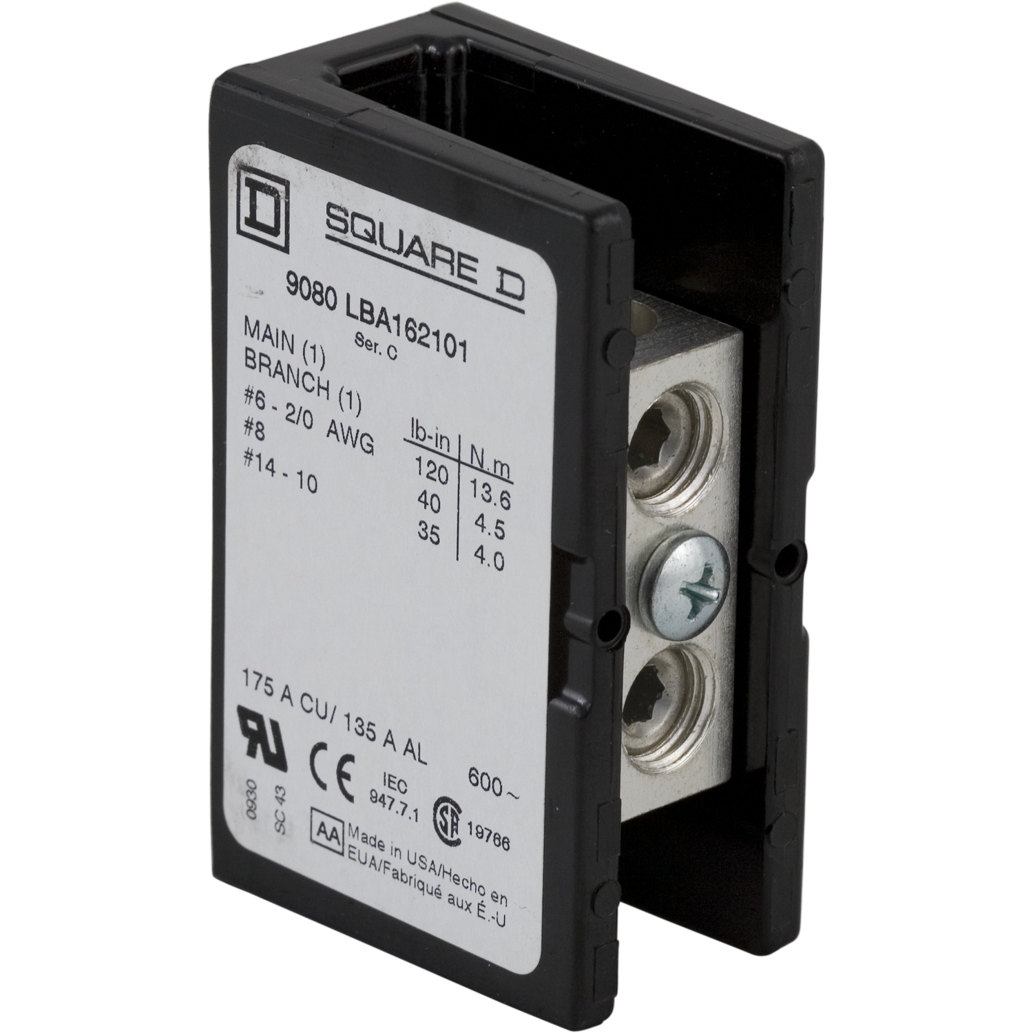 9080LBC162101 Power Distribution Block, 600 V AC/VDC, 150 A, 1 Pole, 18 to 1/0 AWG Wire, Phenolic
