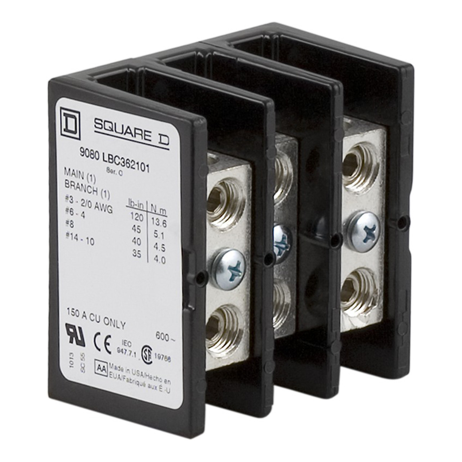 9080LBC362101 Linergy Multi-Pole Power Distribution Block, 600 V AC/DC, 150 A, 3 Poles, 18 to 1/0 AWG Al/Cu Wire, Phenolic