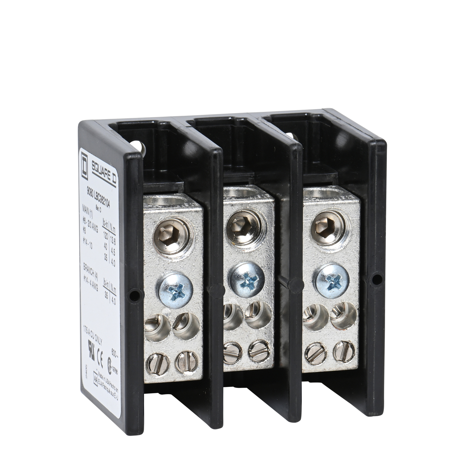 9080LBC362104 TeSys Linergy General Purpose Linergy Standard Multi-Pole Power Distribution Block, 600 V AC/DC, 175 A, 3 Poles, (1) 14 to 2/0 AWG, (4) 14 to 4 AWG Wire, Phenolic