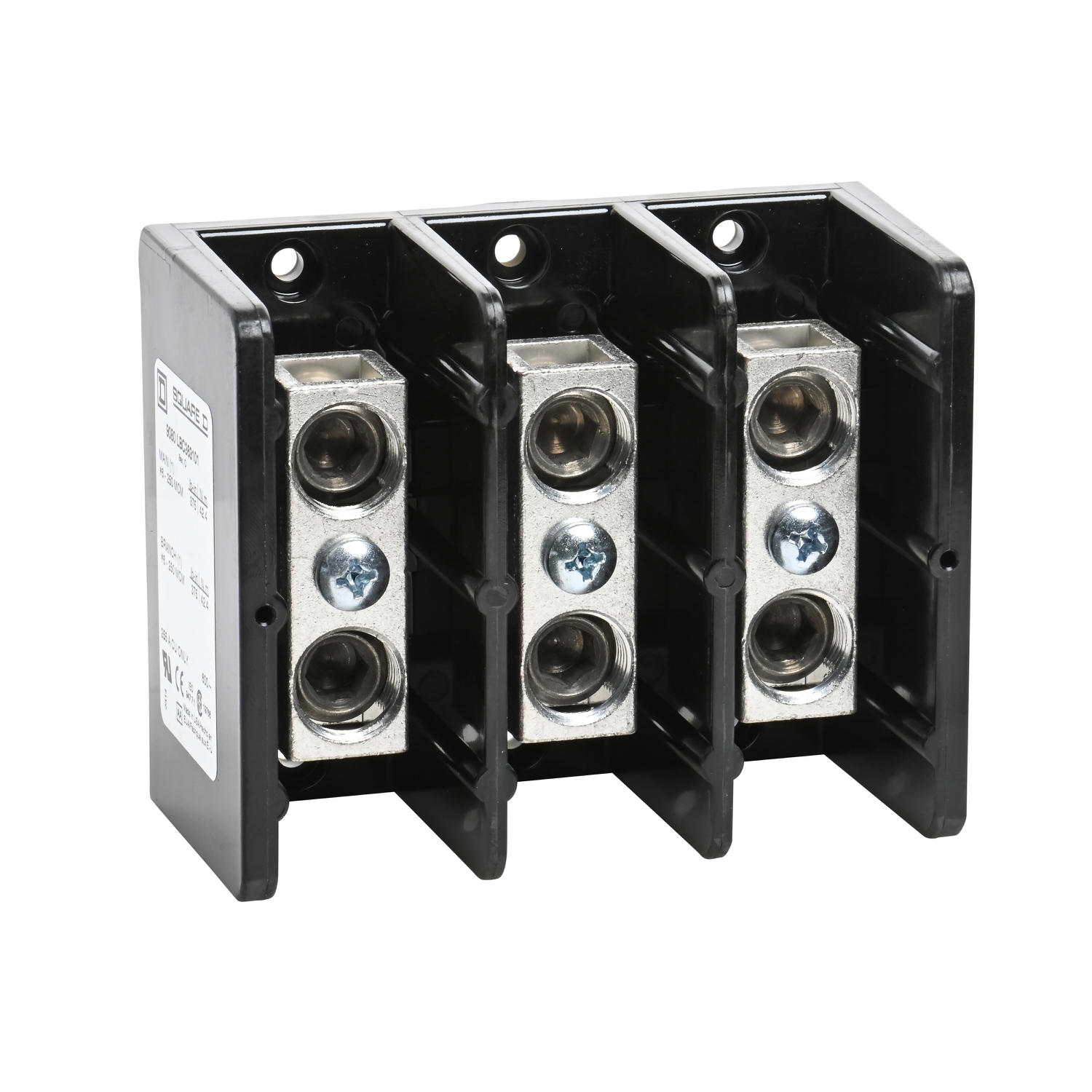 9080LBC363101 Linergy Multi-Pole Power Distribution Block, 600 V AC/DC, 255 A, 3 Poles, 6 AWG to 250 kcmil Al/Cu Wire, Phenolic