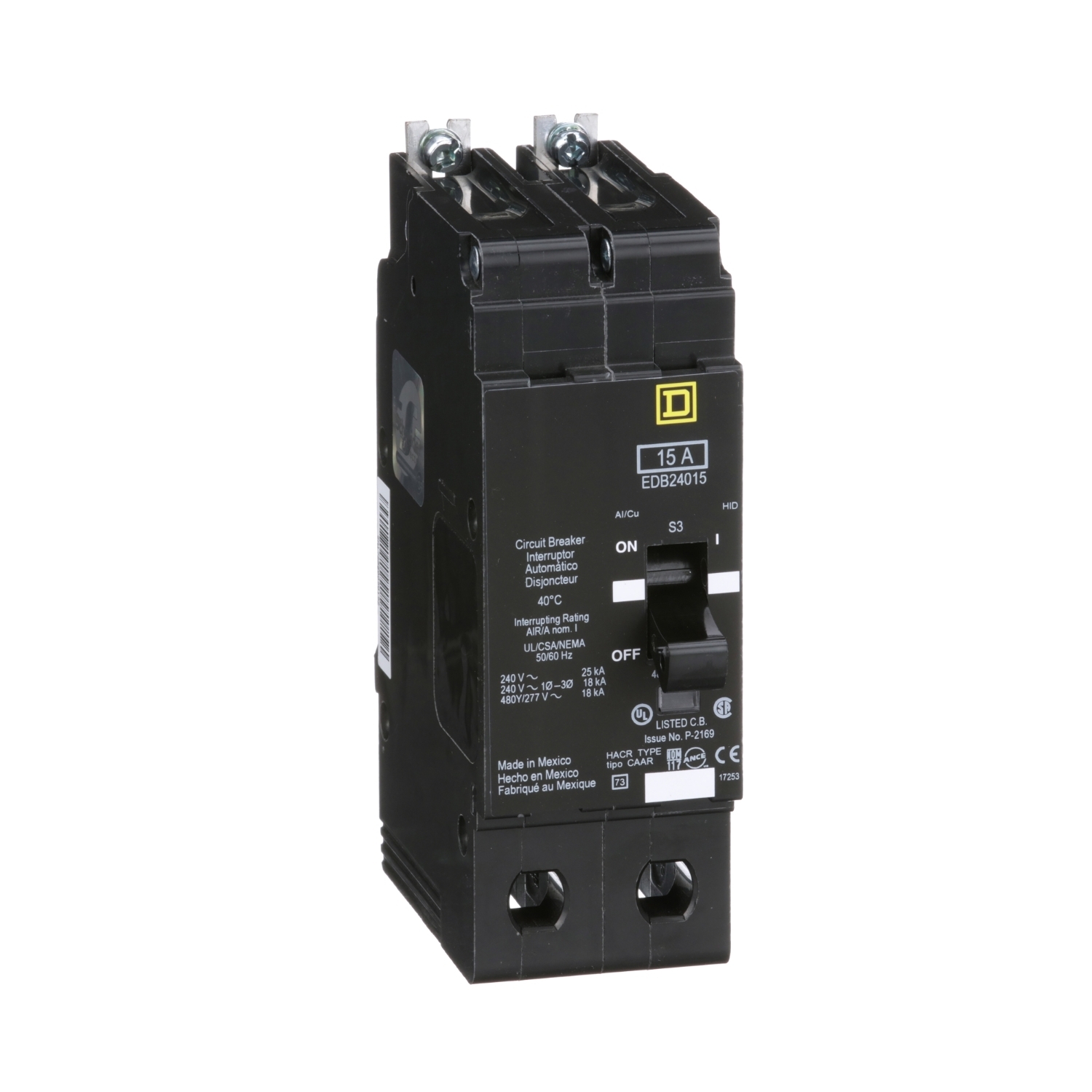 EDB24015 E-FRAME Type EDB Molded Case Standard Miniature Circuit Breaker, 277/480Y V AC, 15 A, 18 kA Interrupt, 2 Poles, Thermal Magnetic Trip