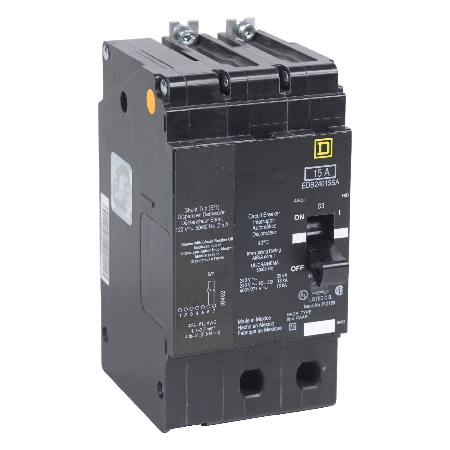 EDB24020SA Type EDB Circuit Breaker, 480Y/277 V AC, 20 A, 25 kA at 240 VAC/18 kA at 480Y/277 VAC Interrupt, 2 Poles, Thermal Magnetic Trip