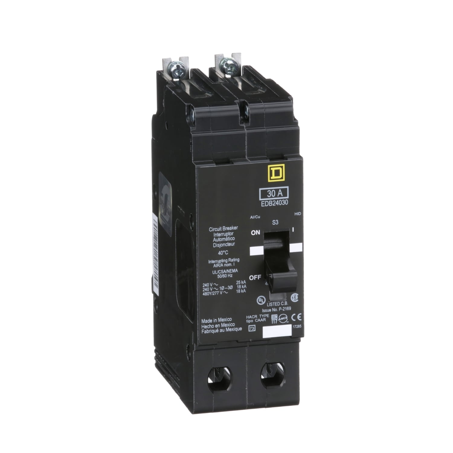 EDB24030 Type EDB Molded Case Standard E-FRAME Miniature Circuit Breaker, 277/480Y V AC, 30 A, 18 kA Interrupt, 2 Poles, Thermal Magnetic Trip