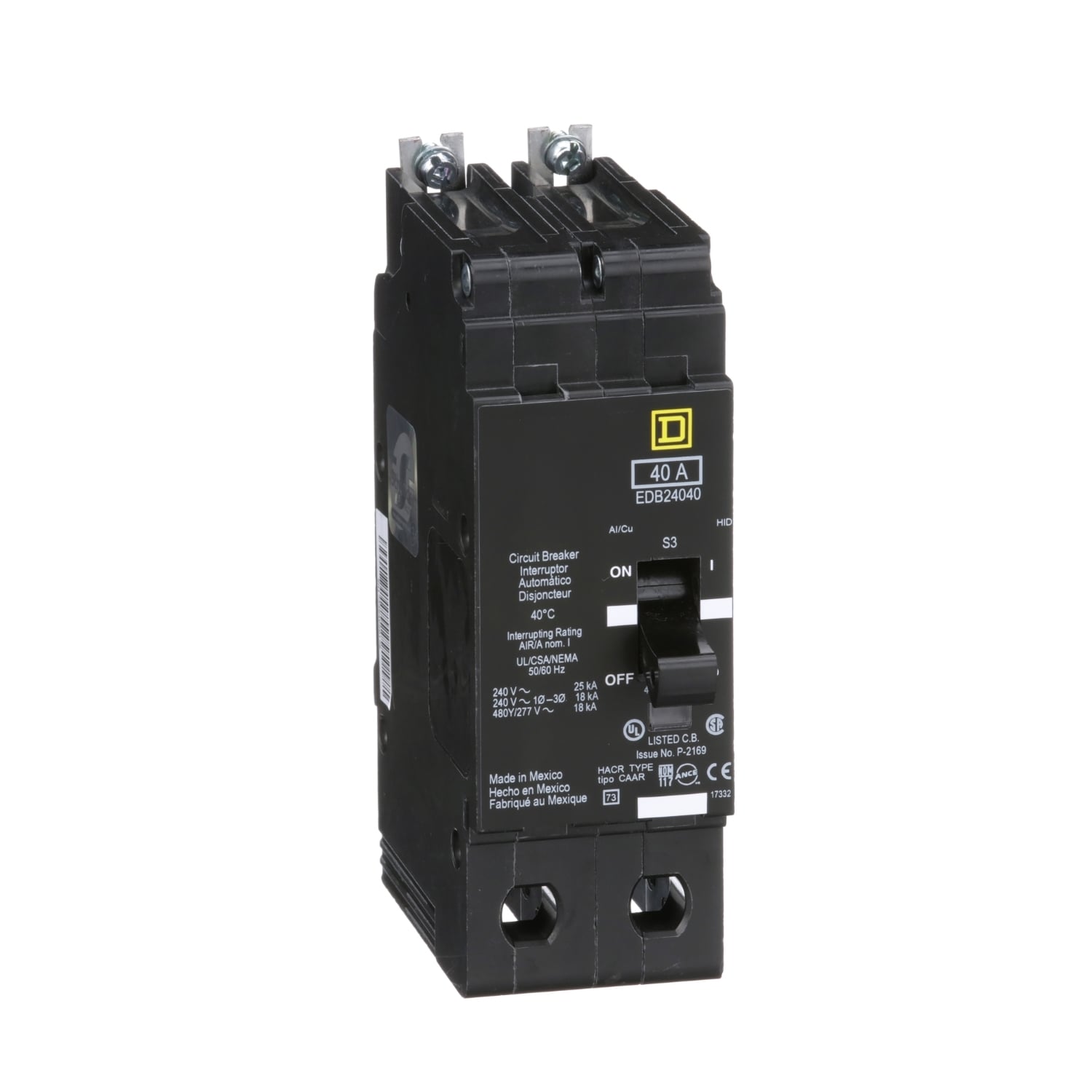 EDB24040 Type EDB Molded Case Standard E-FRAME Miniature Circuit Breaker, 277/480Y V AC, 40 A, 18 kA Interrupt, 2 Poles, Thermal Magnetic Trip