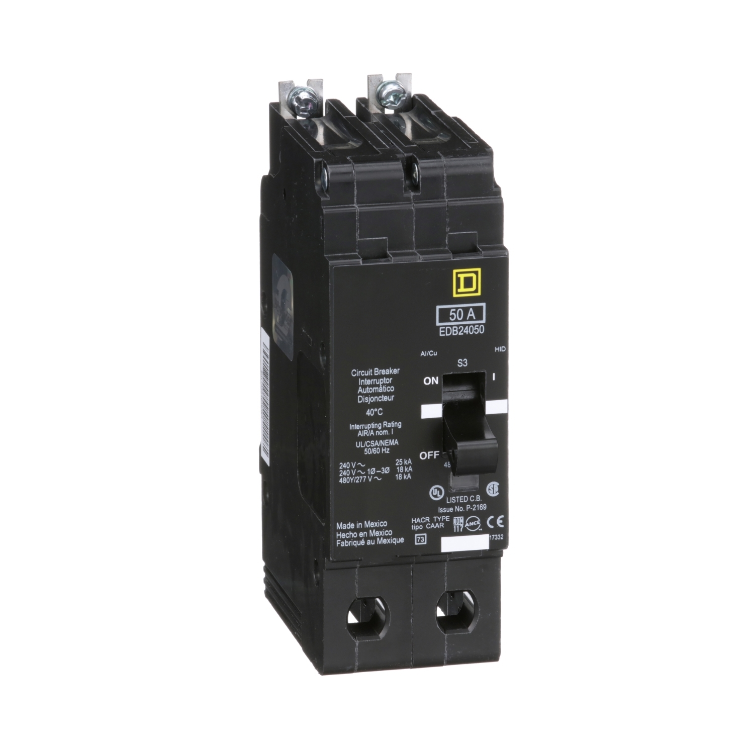 EDB24050 Type EDB Molded Case Standard E-FRAME Miniature Circuit Breaker, 277/480Y V AC, 50 A, 18 kA Interrupt, 2 Poles, Thermal Magnetic Trip