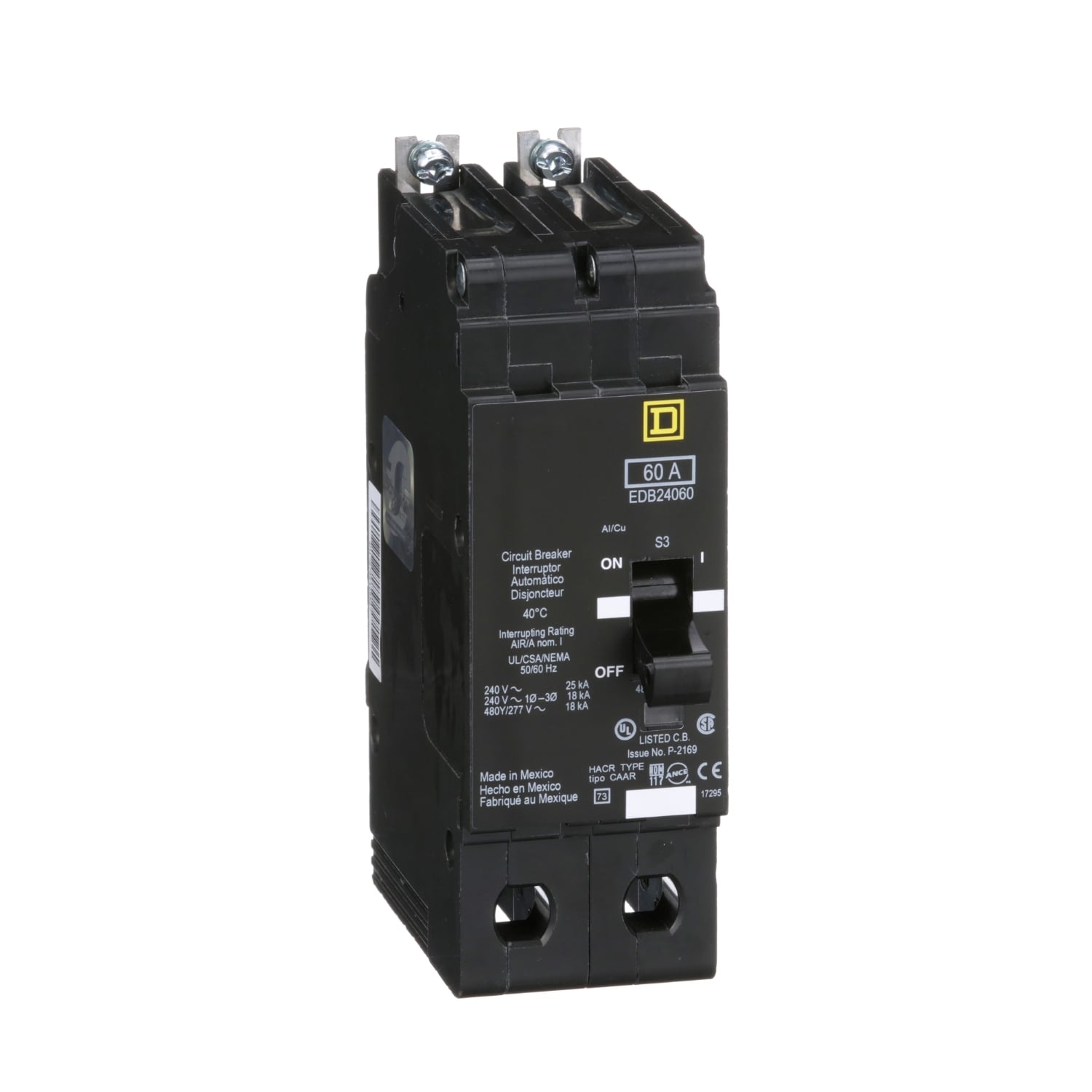 EDB24060 Type EDB Molded Case Standard E-FRAME Miniature Circuit Breaker, 277/480Y V AC, 60 A, 18 kA Interrupt, 3 Poles, Thermal Magnetic Trip