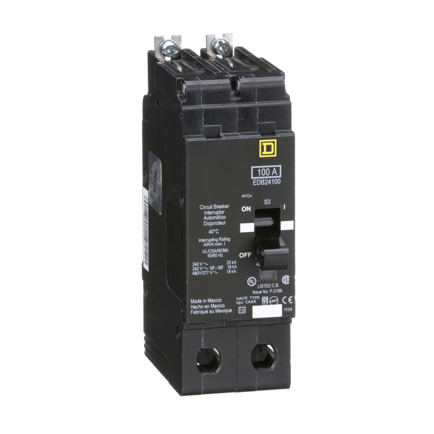 EDB24100 E-FRAME Type EDB Molded Case Standard Miniature Circuit Breaker, 277/480Y V AC, 100 A, 18 kA Interrupt, 2 Poles, Thermal Magnetic Trip