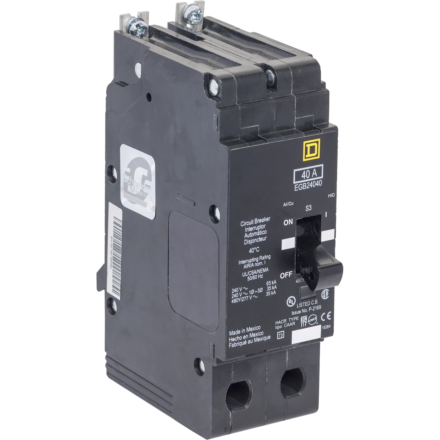 EDB24110 Type EDB Circuit Breaker, 480Y/277 V AC, 110 A, 25 kA at 240 VAC/18 kA at 480Y/277 VAC Interrupt, 2 Poles, Thermal Magnetic Trip