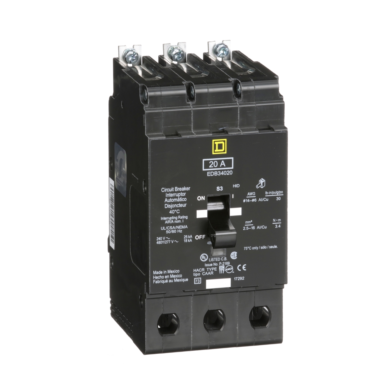 EDB34020 Type EDB Molded Case Standard E-FRAME Miniature Circuit Breaker, 277/480Y V AC, 20 A, 18 kA Interrupt, 3 Poles, Thermal Magnetic Trip