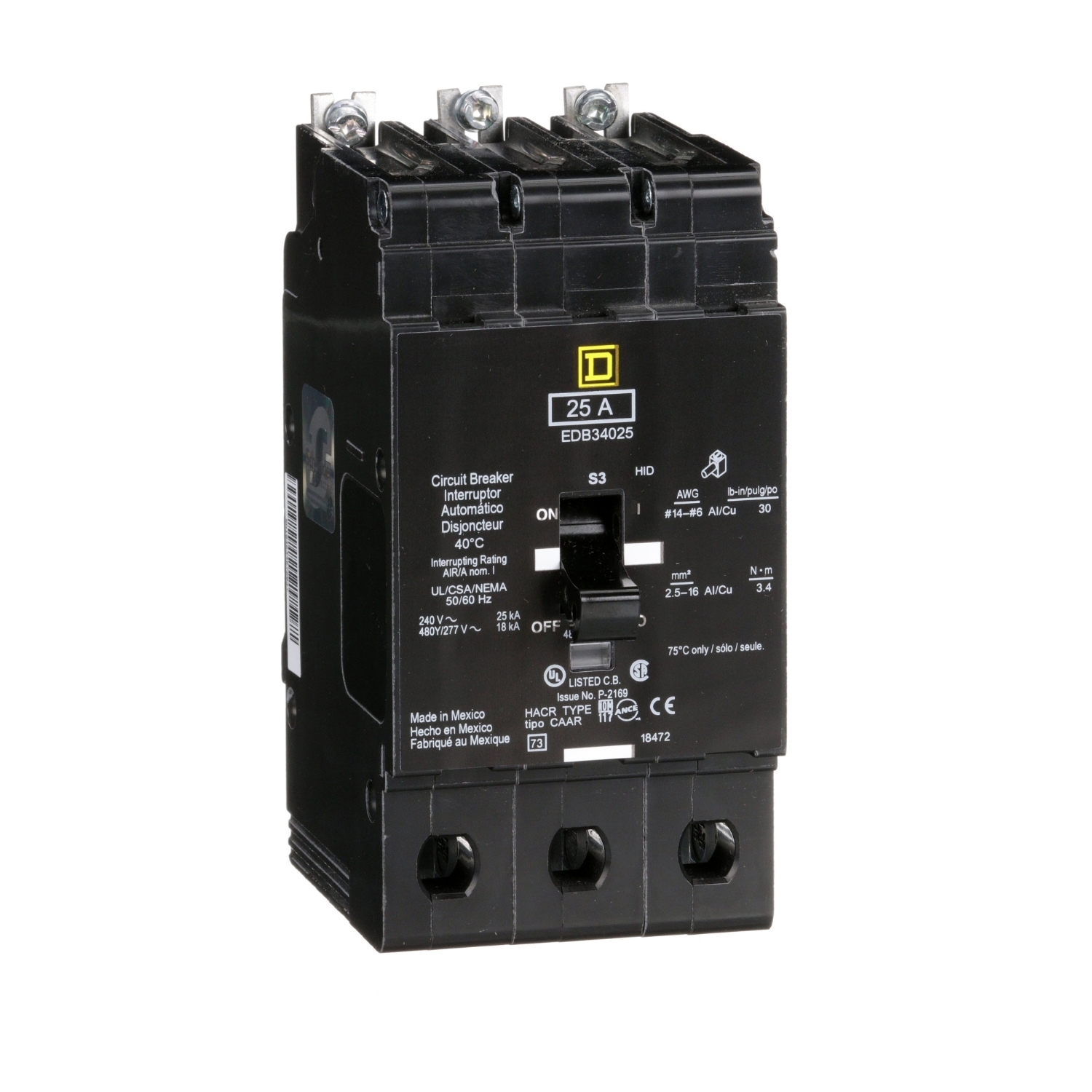 EDB34025 Type EDB Molded Case Standard E-FRAME Miniature Circuit Breaker, 277/480Y V AC, 25 A, 18 kA Interrupt, 3 Poles, Thermal Magnetic Trip