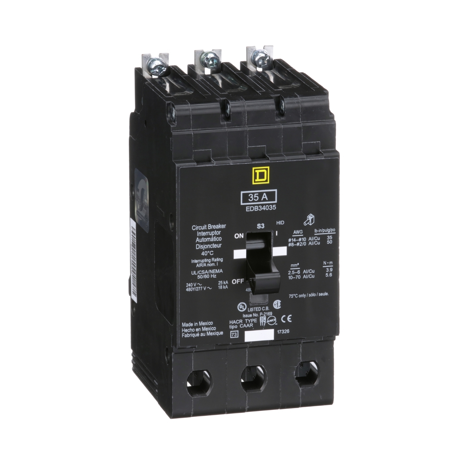 EDB34035 E-FRAME Type EDB Molded Case Standard Miniature Circuit Breaker, 277/480Y V AC, 35 A, 18 kA Interrupt, 3 Poles, Thermal Magnetic Trip