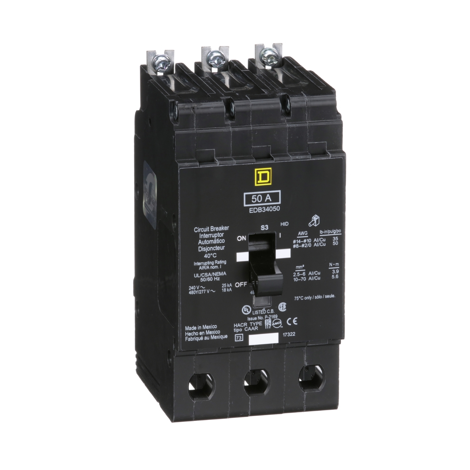 EDB34050 Type EDB Molded Case Standard E-FRAME Miniature Circuit Breaker, 277/480Y V AC, 50 A, 18 kA Interrupt, 3 Poles, Thermal Magnetic Trip