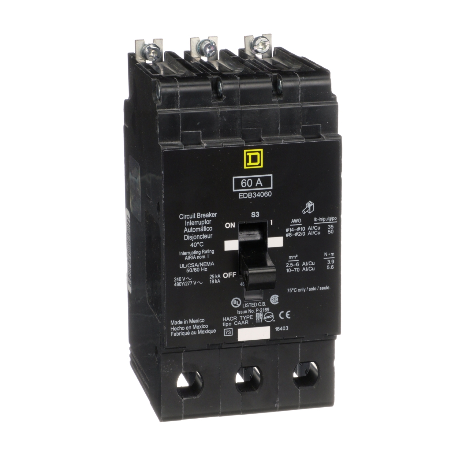 EDB34060 Molded Case Standard Miniature Circuit Breaker, 277/480Y V AC, 60 A, 18 kA Interrupt, 3 Poles, Thermal Magnetic Trip