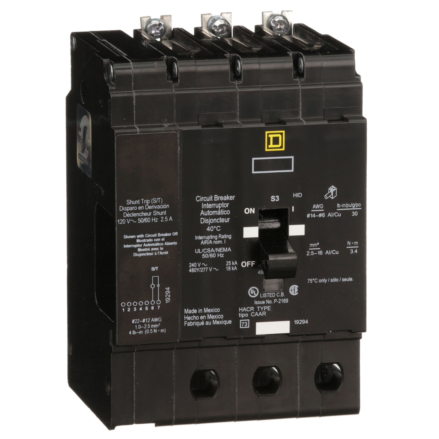 EDB34060SA Type EDB Miniature Circuit Breaker, 277/480Y V AC, 60 A, 18 kA at 480Y/277 VAC, 25 kA at 120/240 VAC Interrupt, 3 Poles, Thermal Magnetic Trip
