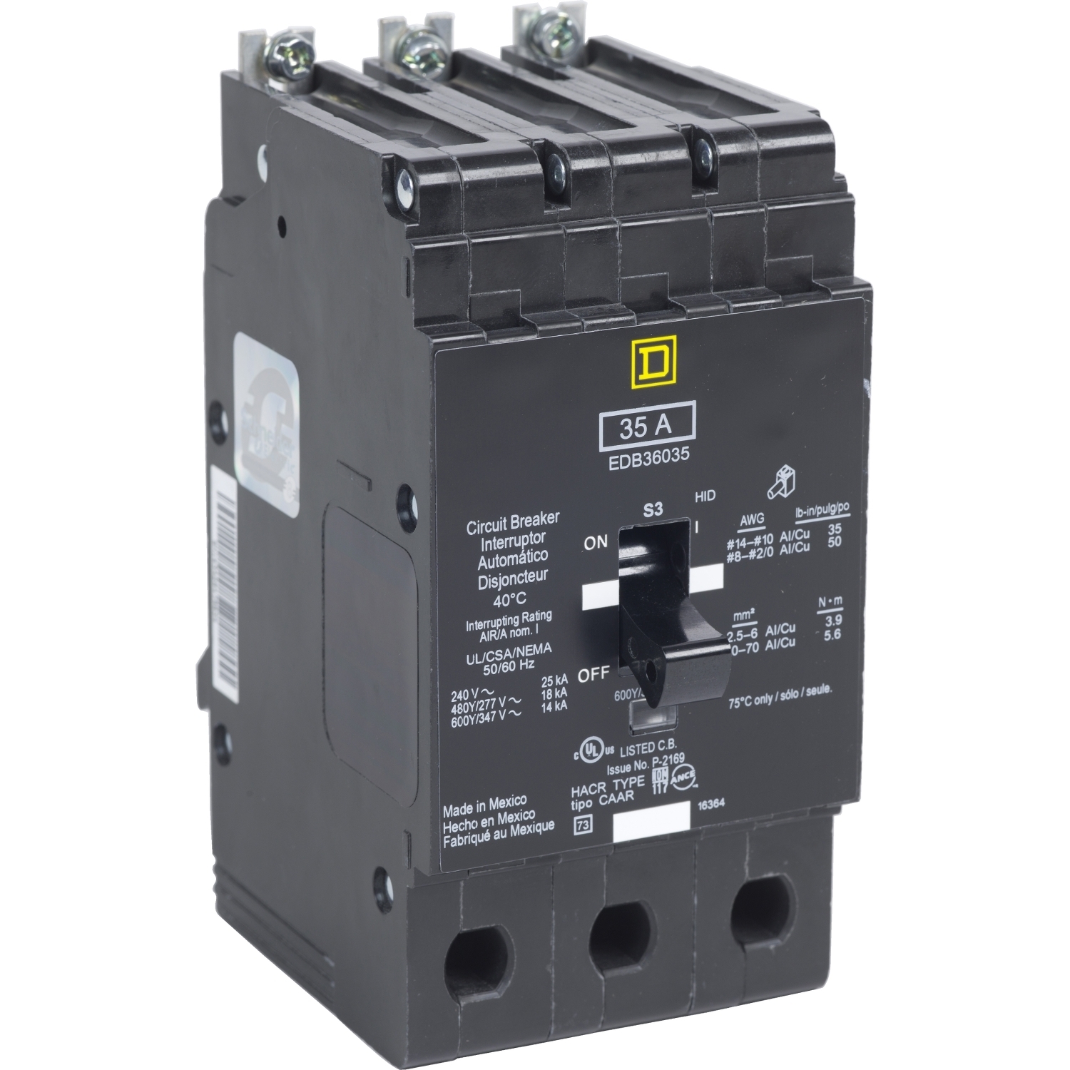 EDB36040 Standard Molded Case Circuit Breaker, 600Y/347 V AC, 40 A, 14 kA Interrupt, 3 Poles, Thermal Magnetic Trip