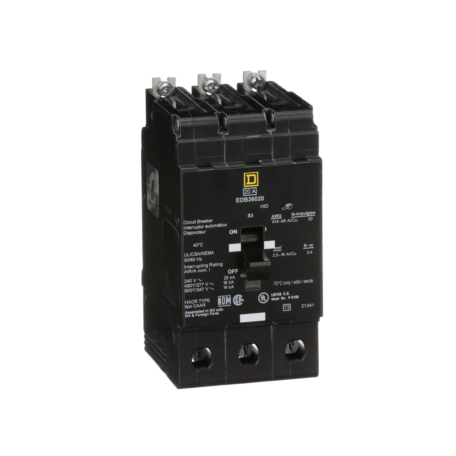 EDB36050 Standard Miniature Circuit Breaker, 600 V AC, 50 A, 14 kA Interrupt, 3 Poles, Thermal Magnetic Trip
