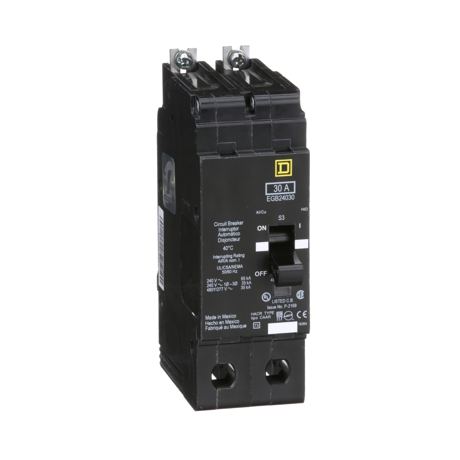 EGB24030 E-FRAME Type EGB Molded Case Standard Miniature Circuit Breaker, 277/480Y V AC, 30 A, 35 kA Interrupt, 2 Poles, Thermal Magnetic Trip