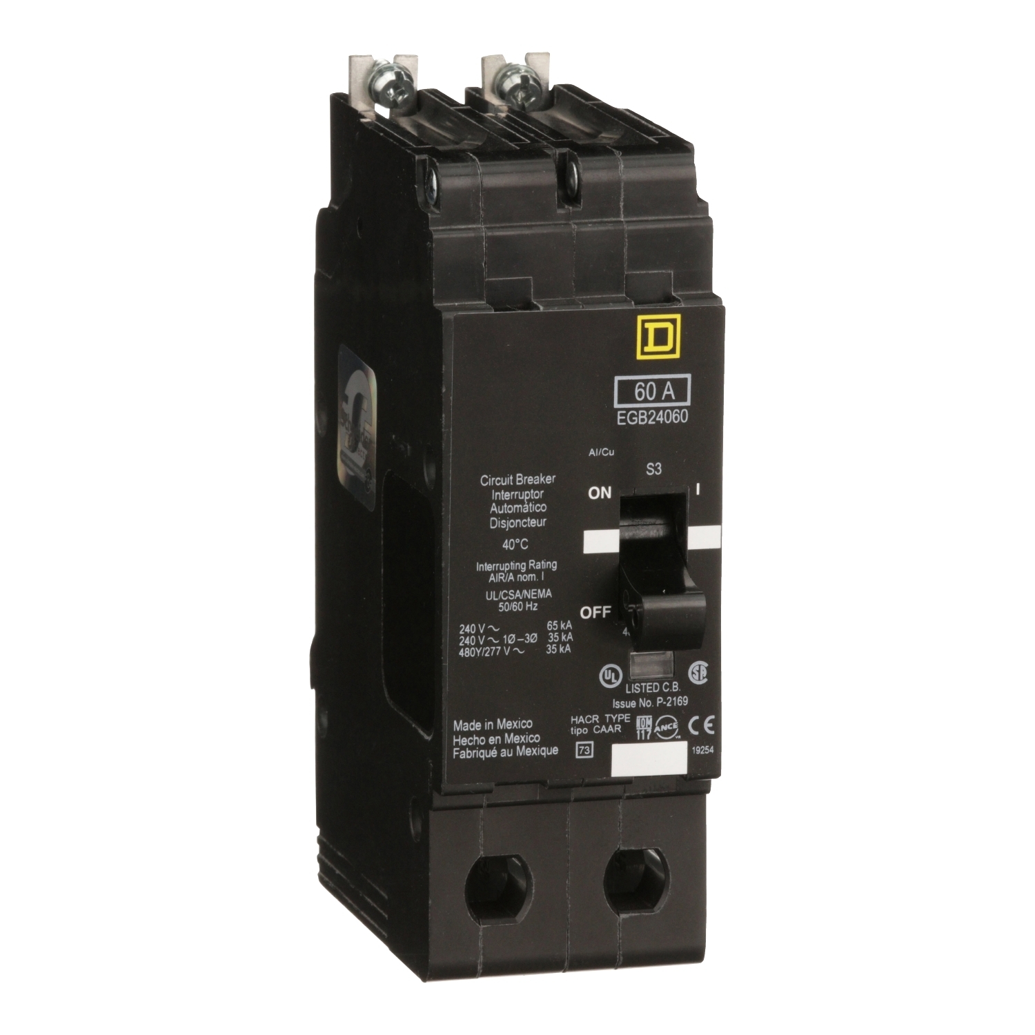 EGB24060 Type EGB Miniature Circuit Breaker, 277/480Y V AC, 60 A, 65 kA at 240 VAC, 35 kA at 480Y/277 VAC Interrupt, 2 Poles, Thermal Magnetic Trip