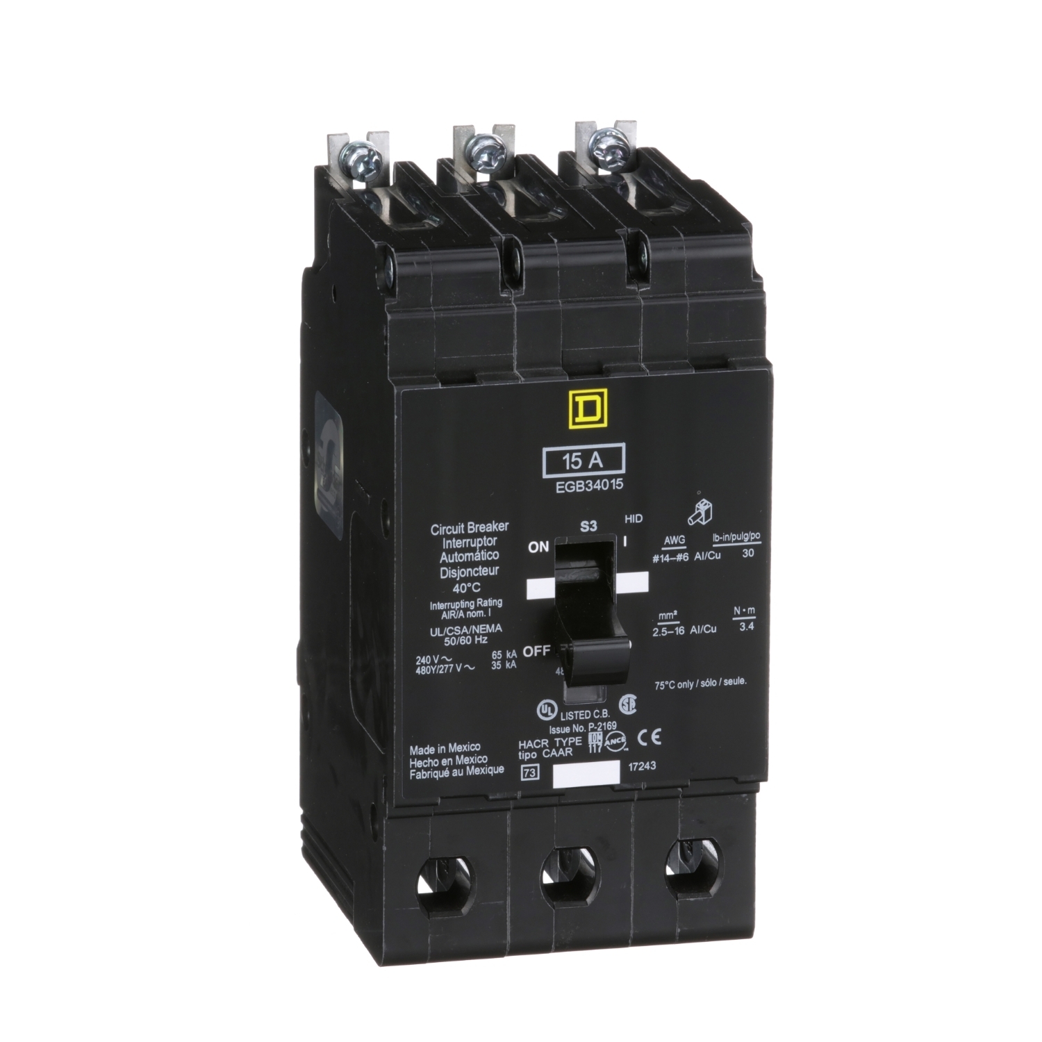 EGB34015 E-FRAME Type EGB Molded Case Standard Miniature Circuit Breaker, 277/480Y V AC, 15 A, 35 kA Interrupt, 3 Poles, Thermal Magnetic Trip