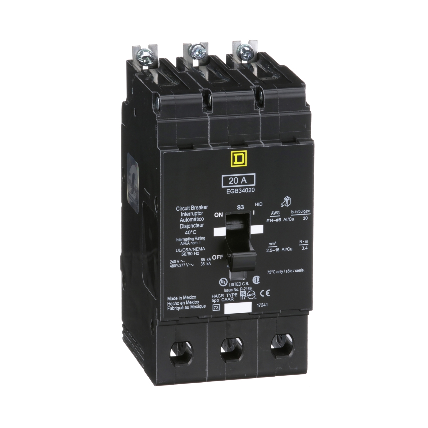 EGB34020 Molded Case Standard Miniature Circuit Breaker, 277/480Y V AC, 20 A, 35 kA Interrupt, 3 Poles, Thermal Magnetic Trip
