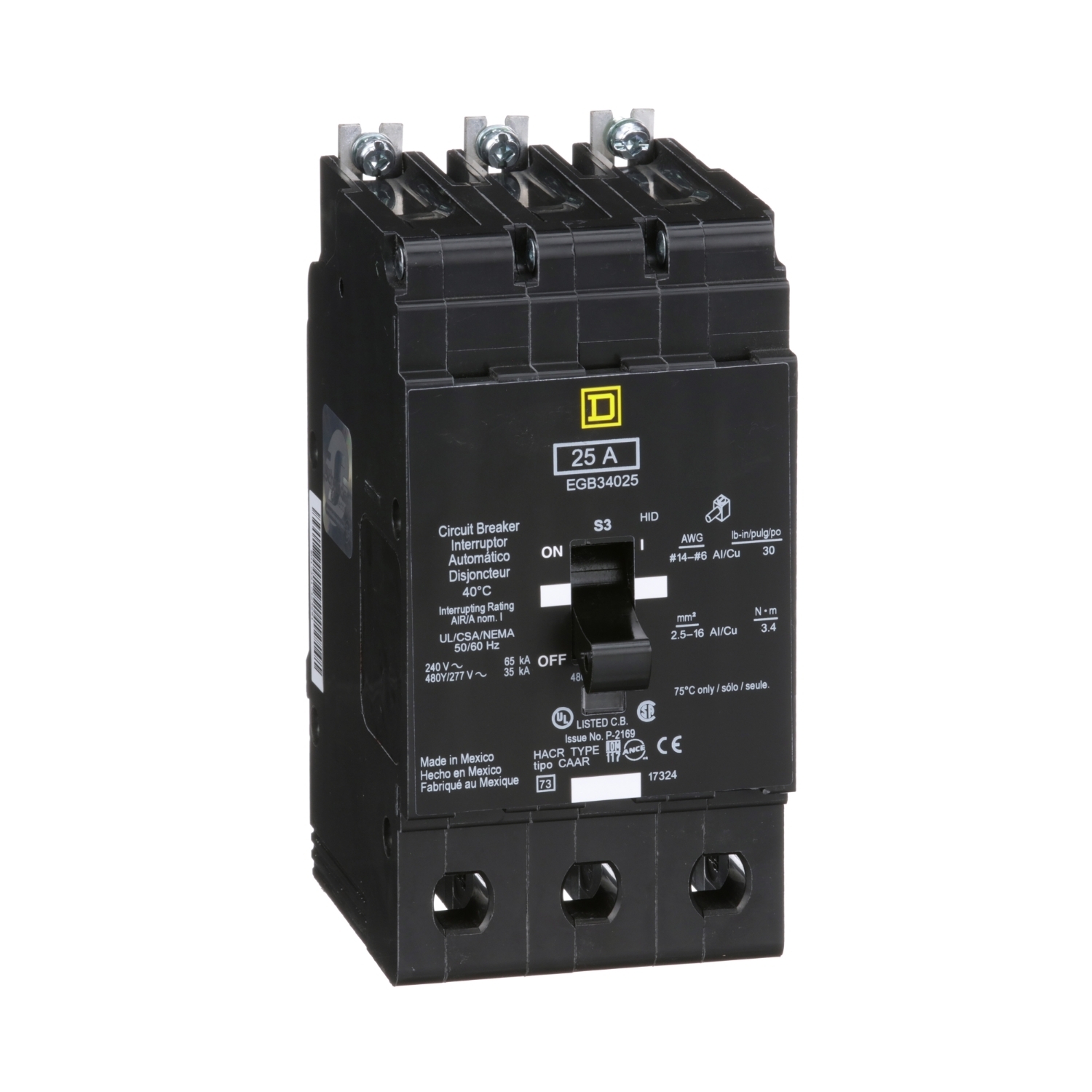 EGB34025 E-FRAME Type EGB Molded Case Miniature Circuit Breaker, 277/480Y V AC, 25 A, 35 kA Interrupt, 3 Poles, Thermal Magnetic Trip
